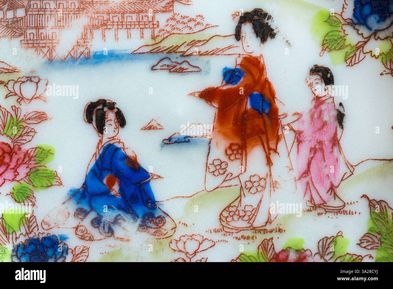 design orientale dettaglio ravvicinato su piattino in porcellana Foto Stock