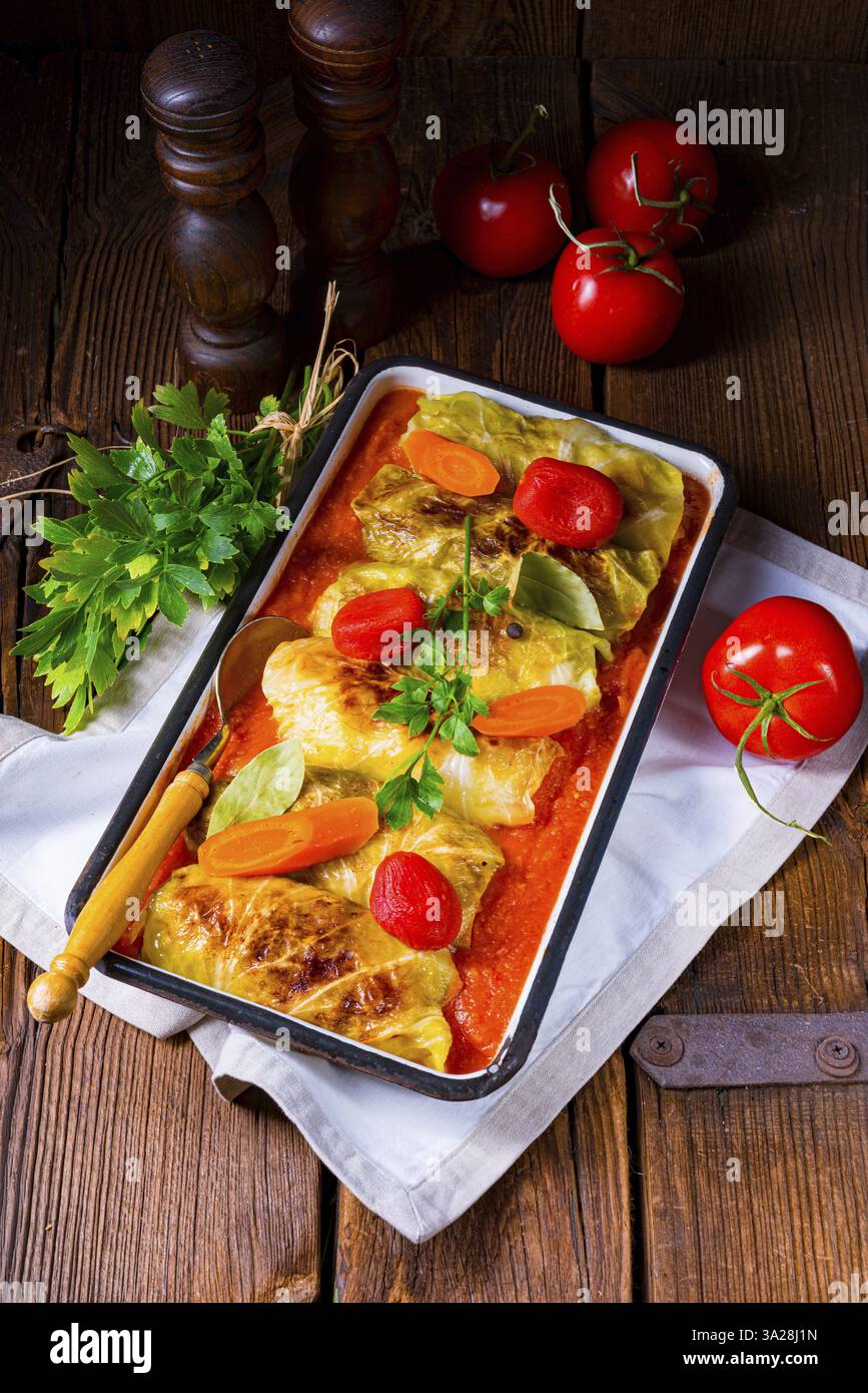 Involtini di cavolo con salsa di pomodoro Foto Stock