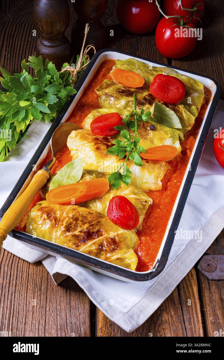Involtini di cavolo con salsa di pomodoro Foto Stock