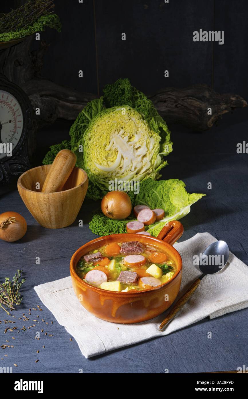 Delizioso stufato di cavolo Savoy in una ciotola rustica Foto Stock