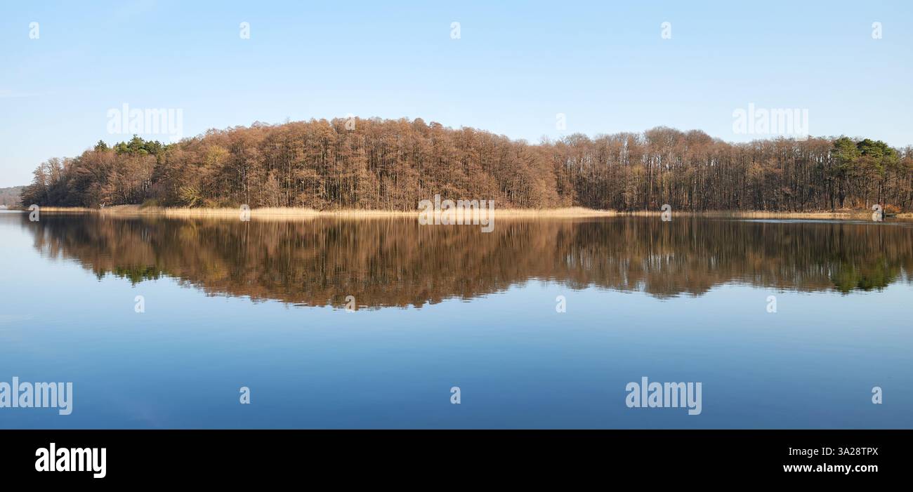 Vista panoramica simmetrica del lago Barlinek, Voivodato della Pomerania occidentale, Polonia. Foto Stock