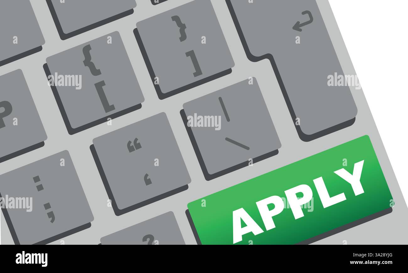 Pulsante "APPLICA" sulla tastiera del notebook, richiesta di un nuovo concetto di carriera, pulsante "APPLICA ora" sul Web, elemento finanziario o assicurativo della candidatura di lavoro Illustrazione Vettoriale