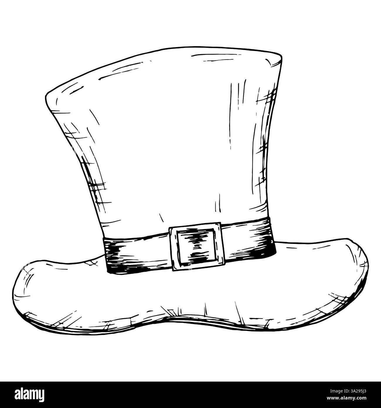 Illustrazione in bianco e nero disegnata a mano di un alto cappello leprechaun con cintura e fibbia. Perfetto per i progetti del giorno di San Patrizio, temi folcloristici irlandesi Illustrazione Vettoriale