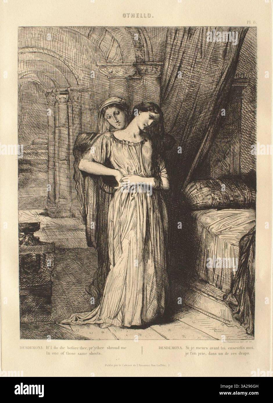 In questo dipinto, Chassériau illustra il quarto atto, scena 3, dove Desdemona dialoga con Emilia. Il lavoro cattura la vulnerabilità emotiva di Desdemona mentre parla del suo travagliato matrimonio. Foto Stock