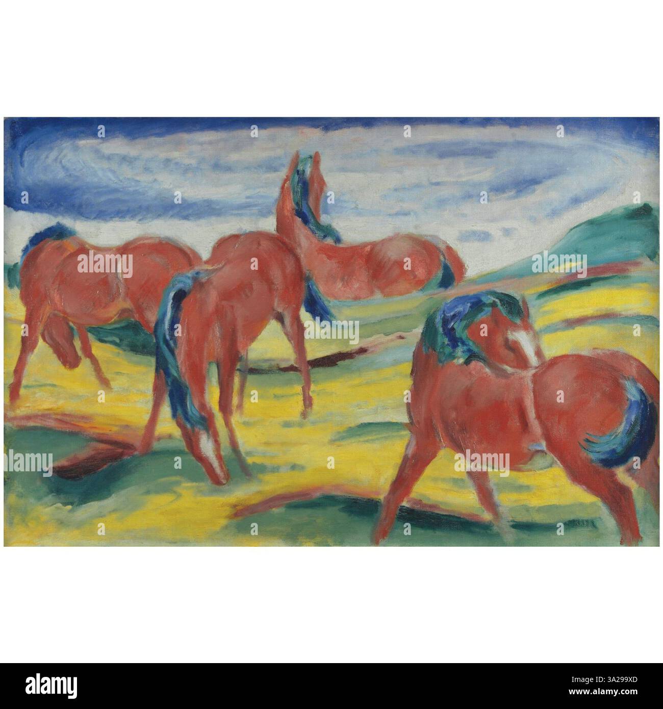 Weidende Pferde III (cavalli da pascolo III) di Franz Marc raffigura cavalli che pascolano in un paesaggio naturale. Il dipinto presenta colori vivaci e forme astratte per evocare il movimento pacifico e ritmico dei cavalli. Foto Stock