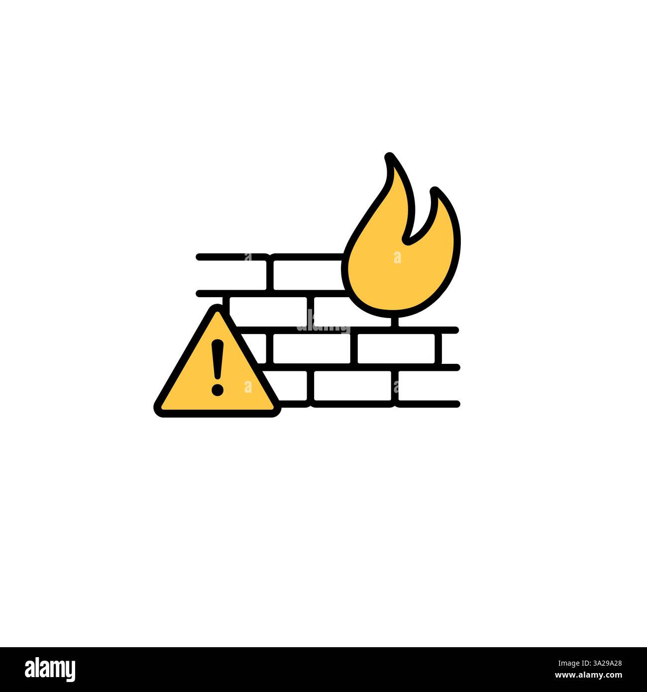 Icona di protezione firewall con muro di mattoni e simbolo di allarme triangolo Illustrazione Vettoriale