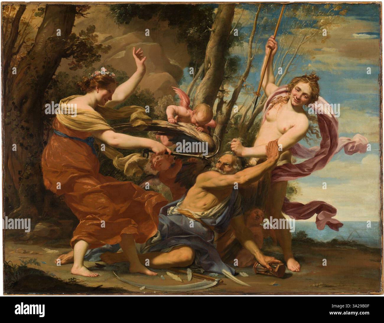 Questo dipinto mitologico raffigura il tempo sconfitto da speranza, bellezza e amore, mostrando l'abilità di Vouet nel ritrarre temi allegorici con movimento dinamico e profondità emotiva. Foto Stock