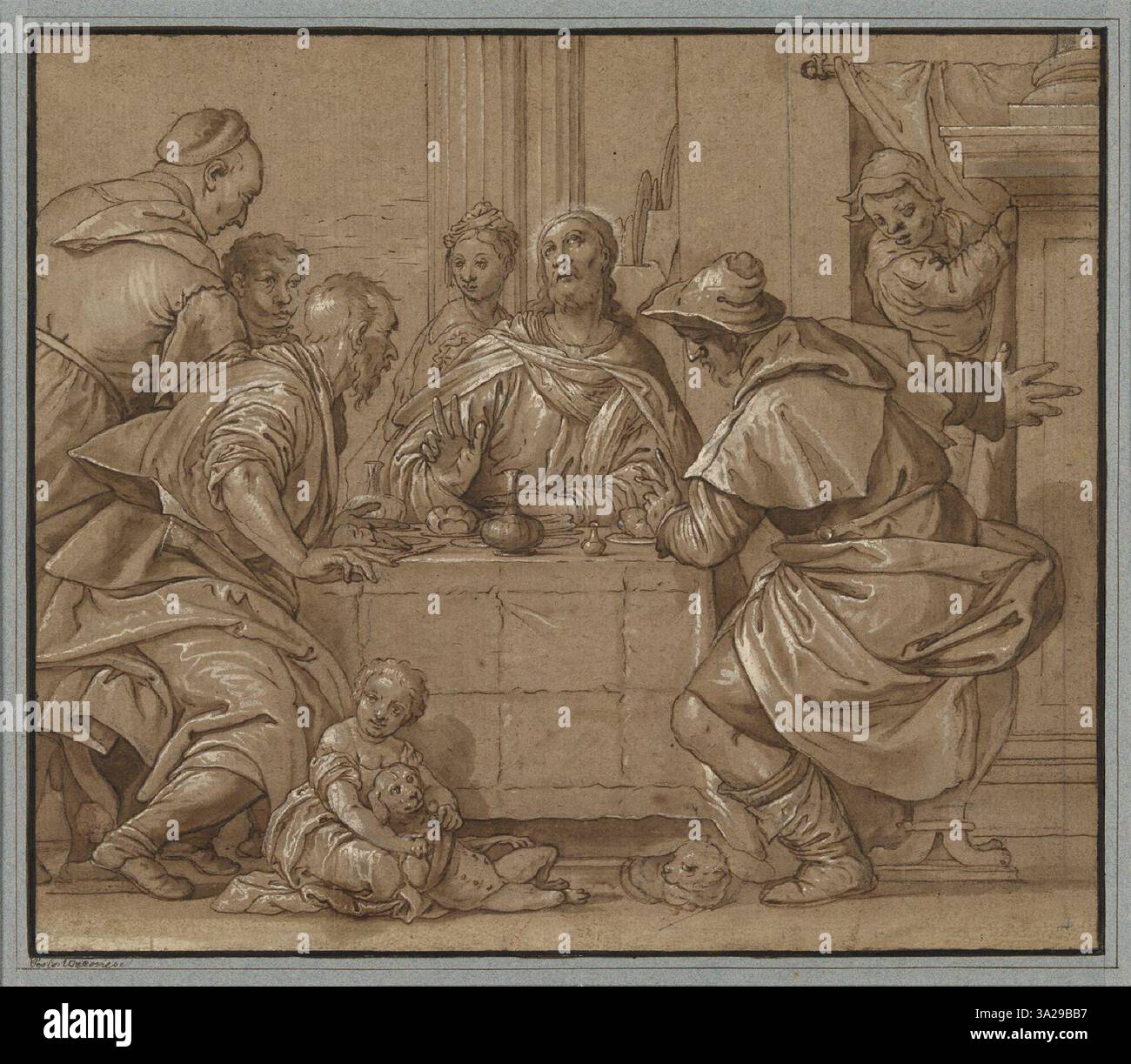 Christus in Emmaus, attribuito a un seguace di Paolo Veronese, raffigura il momento della comparsa di Cristo a due discepoli dopo la sua risurrezione. La scena cattura il loro stupore e la rivelazione divina con figure dinamiche e colori vivaci. Foto Stock