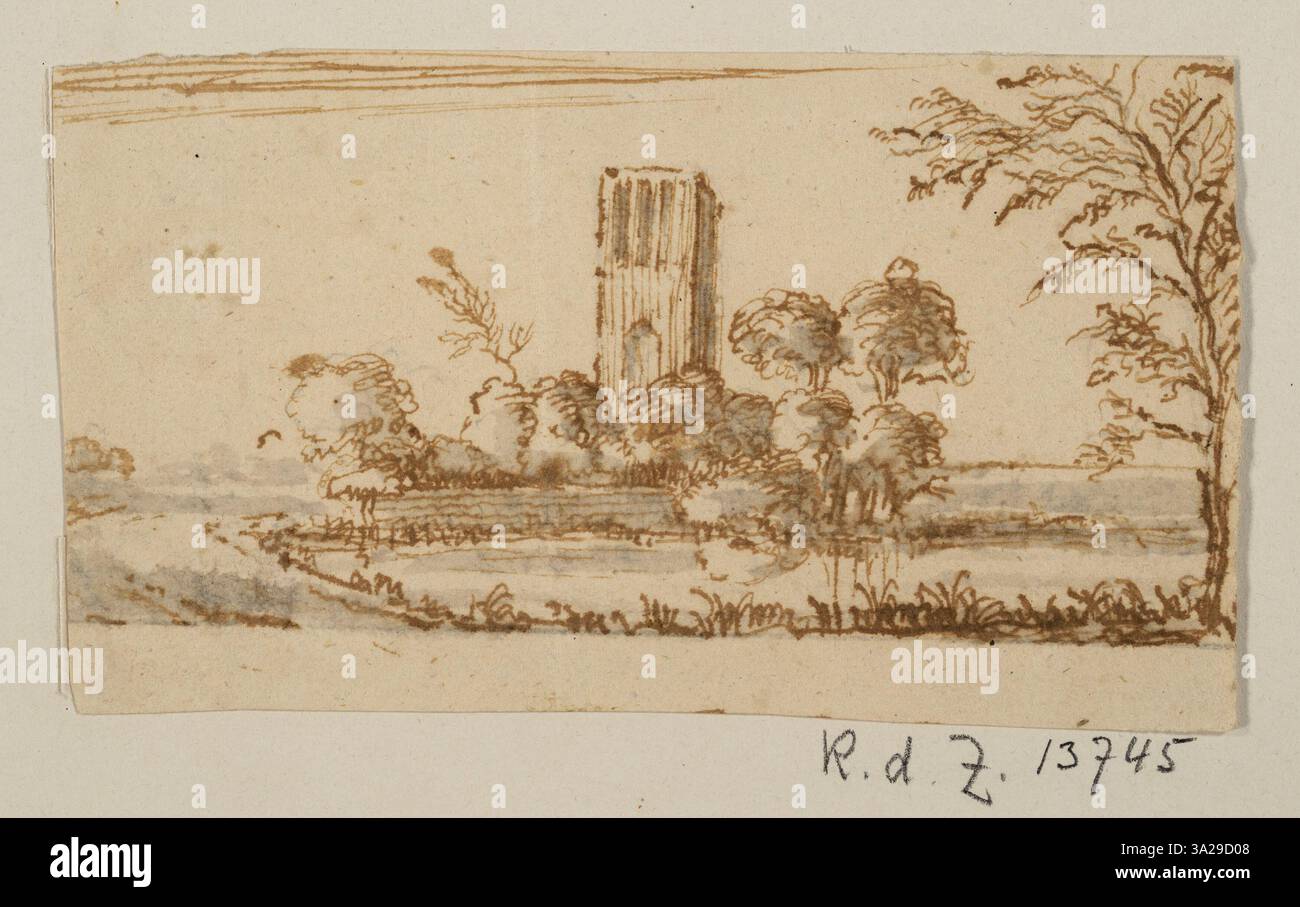 La pittura paesaggistica di Rembrandt mostra una torre quadrata circondata da alberi sulla destra. La semplicità della scena contrasta la struttura geometrica della torre con le forme organiche della natura. Foto Stock