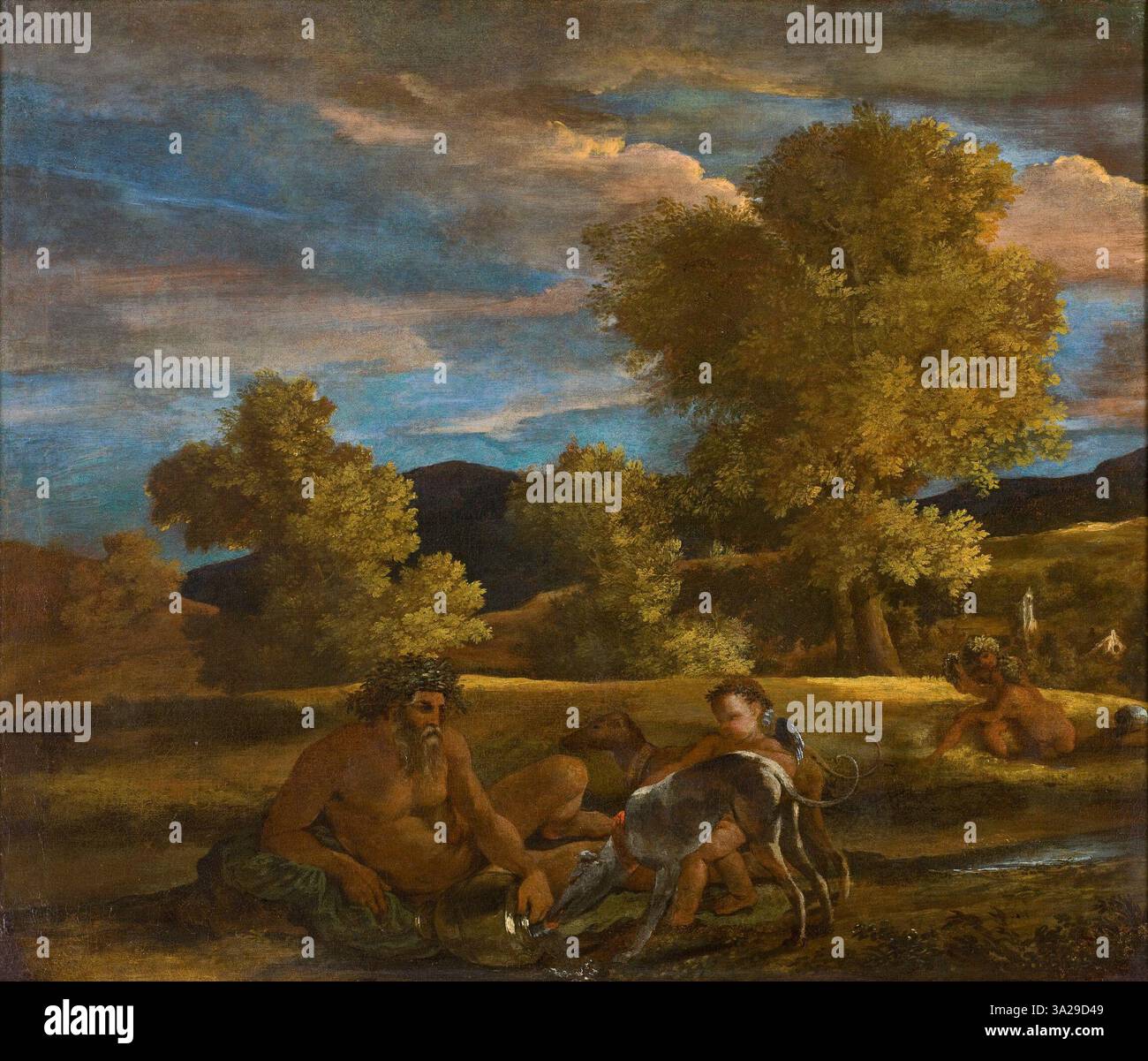 Questo dipinto di Nicolas Poussin del 1626 circa mostra un paesaggio mitologico di Venere e Adone, con il dio del fiume. Il dipinto enfatizza la narrazione romantica tra Venere e Adone all'interno di un tranquillo paesaggio classico. Foto Stock