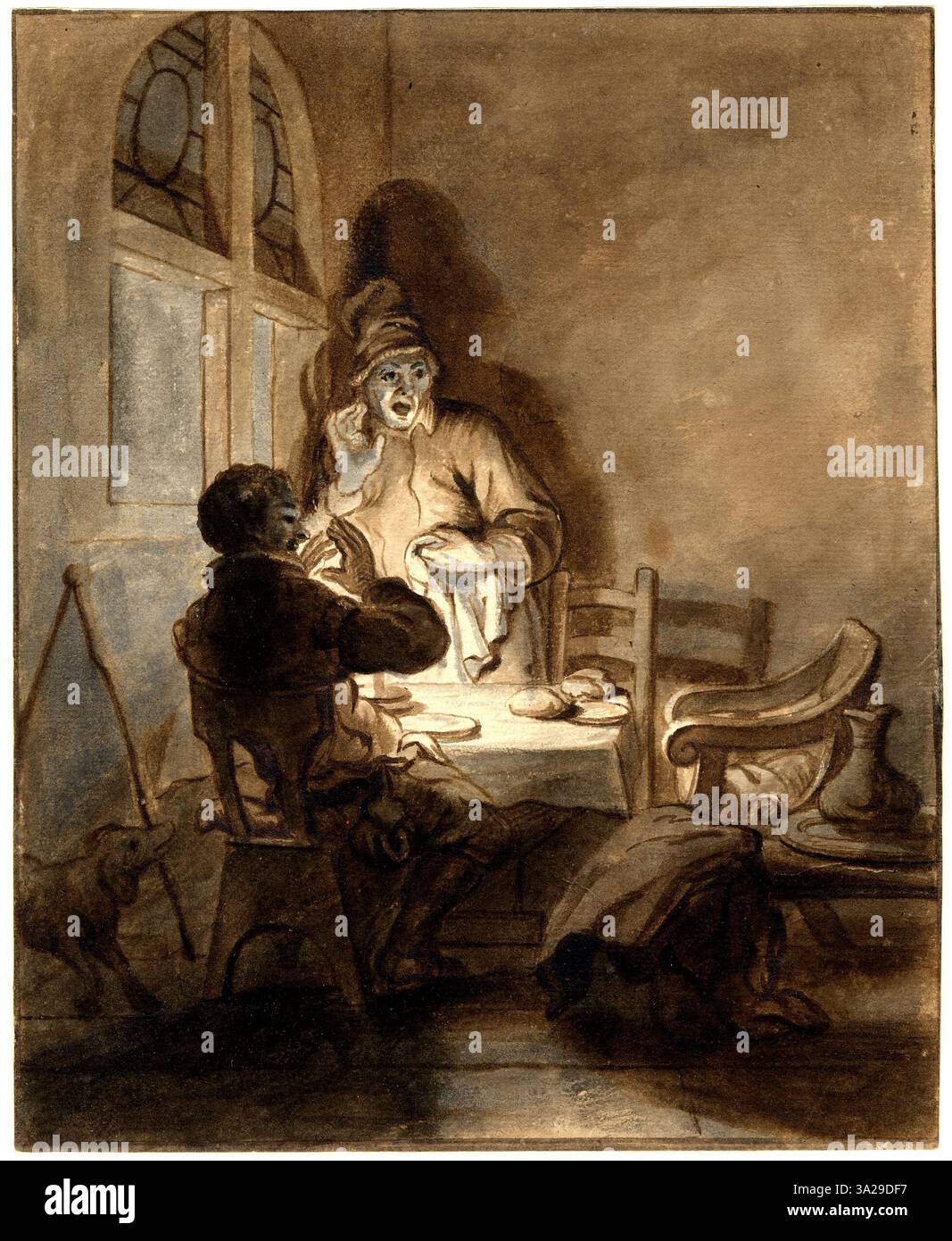 Questa riproduzione della cena a Emmaus mostra il momento in cui Gesù si rivela a due discepoli. L'incisione cattura il loro stupore e stupore per la rivelazione. Foto Stock