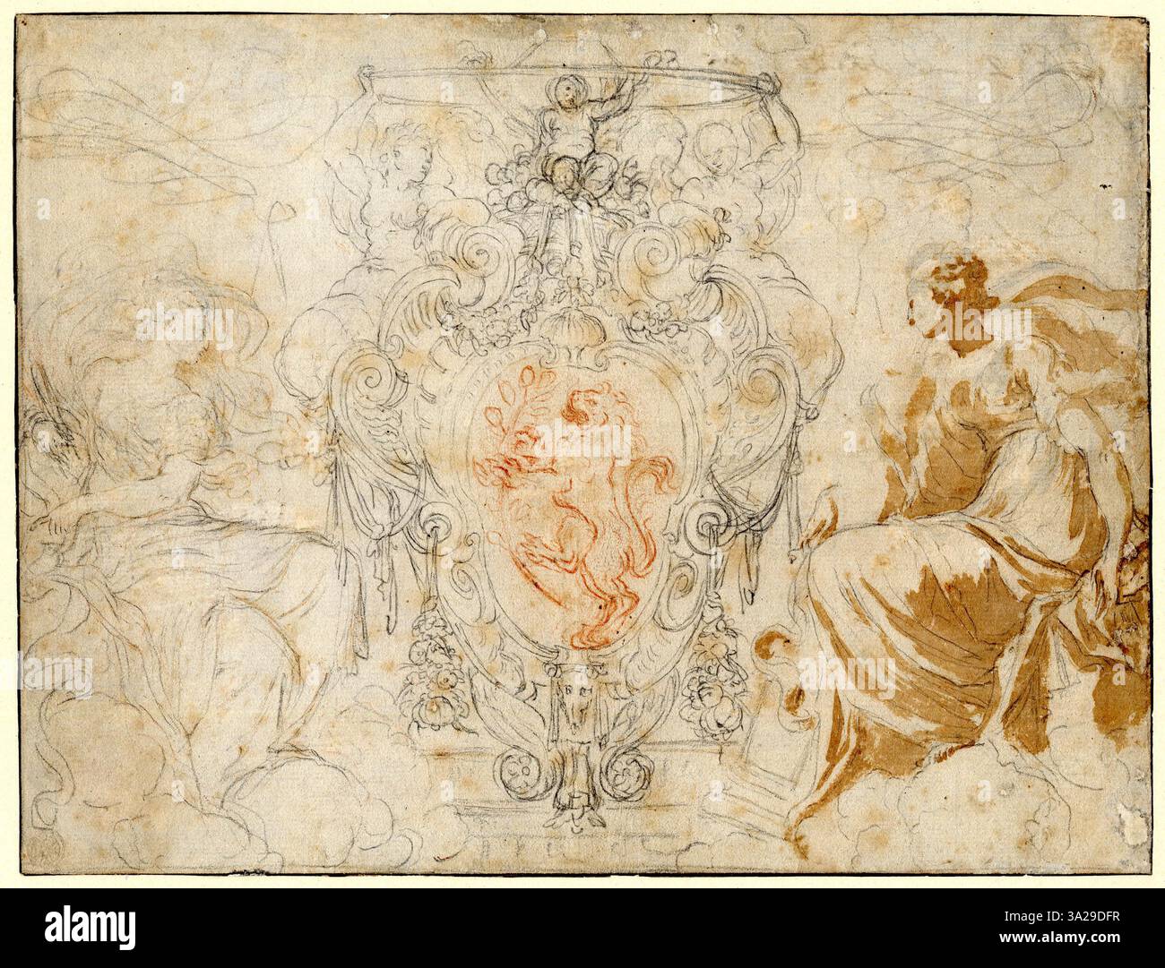 Questo studio raffigura lo stemma di un Cardinale Sforza, progettato come lavoro preparatorio per un'incisione. Il design presenta dettagli intricati e simboli araldici. Foto Stock