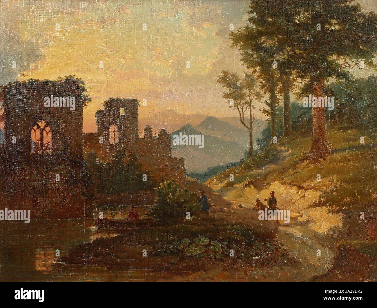 "Ruinlandskap i solnedgång" (paesaggio rovinato al tramonto) di Johan Zacharias Blackstadius ritrae un tramonto drammatico su un paesaggio in rovina, sottolineando il gioco di luci e ombre. Foto Stock