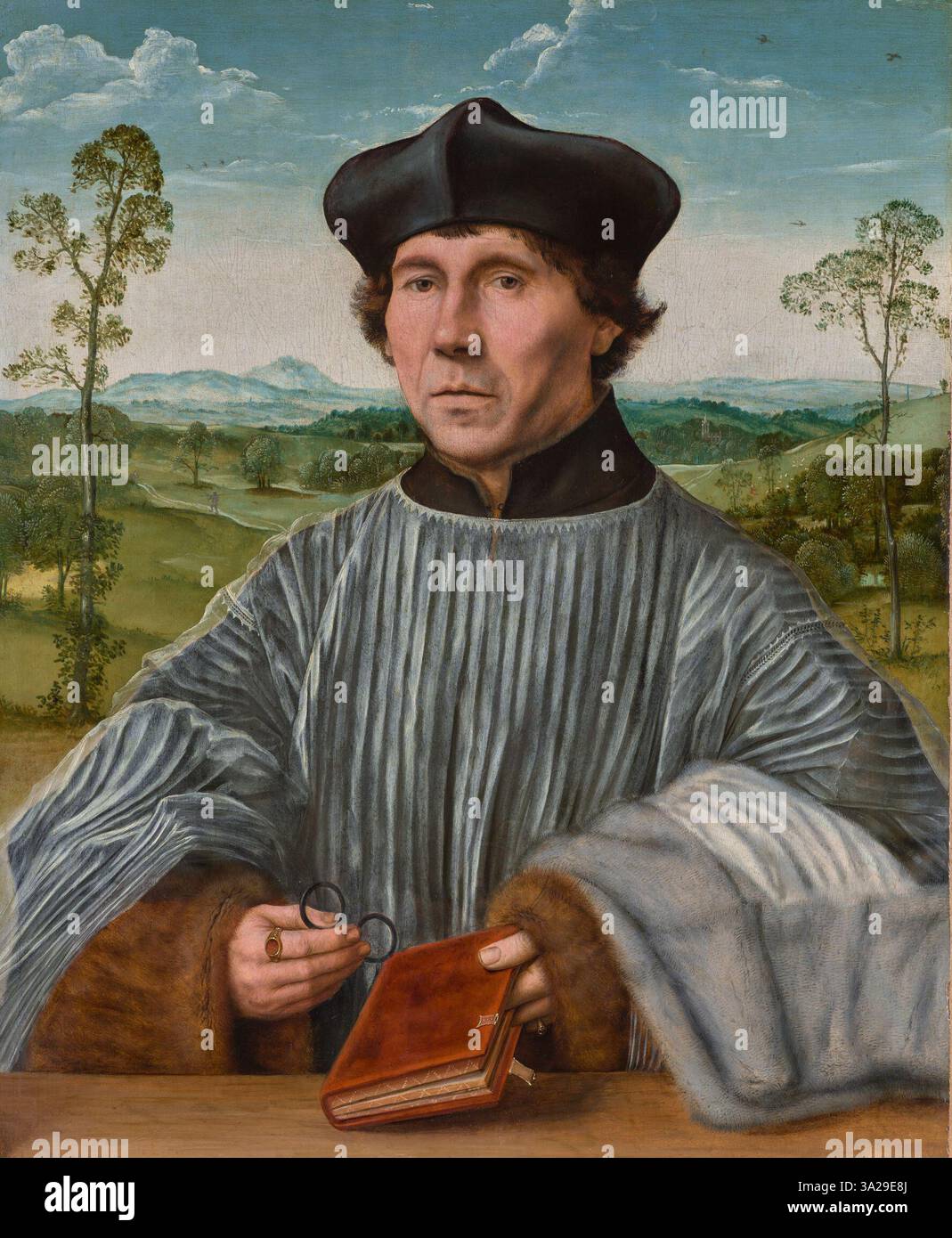 Il ritratto di un canone di Quentin Massys, dipinto tra il 1525 e il 1530, raffigura una figura solenne in abbigliamento religioso. Il lavoro mette in mostra l'abilità di Massys nel ritrattismo realistico e l'attenzione ai dettagli, evidenziando la presenza dignitosa del canone. Foto Stock