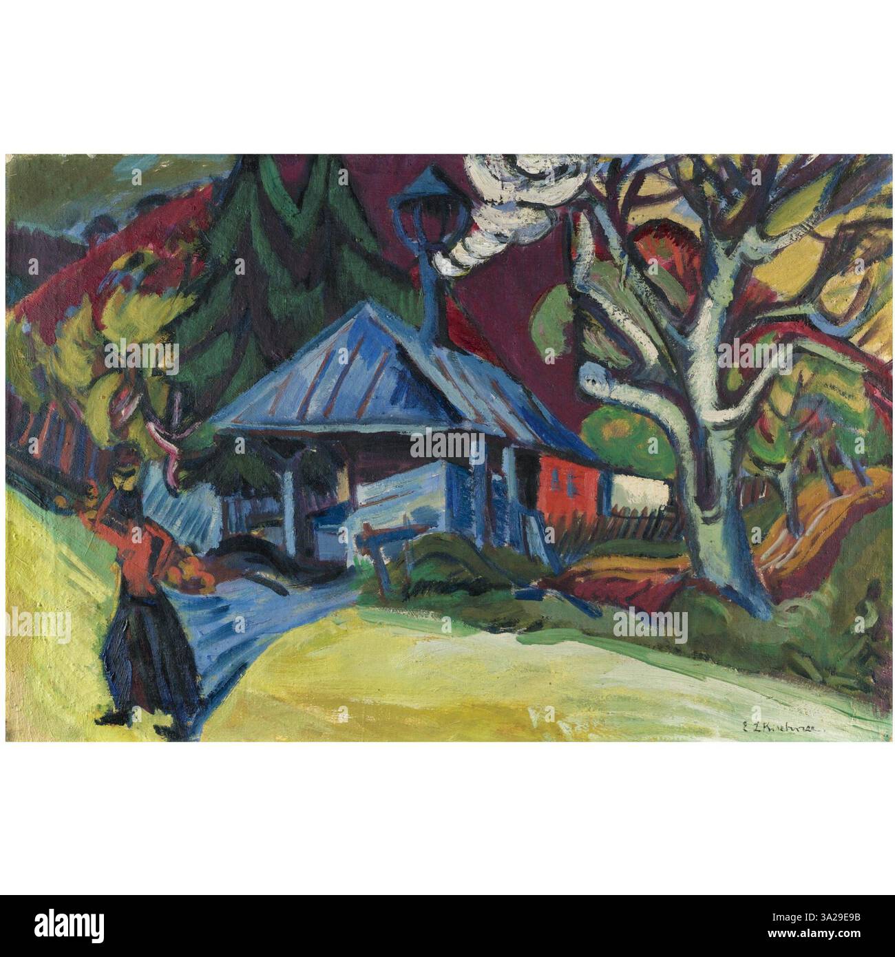 Die Sägemühle in Königstein (Sawmill in Königstein), dipinto da Ernst Ludwig Kirchner, raffigura una segheria in un ambiente rurale. L'opera riflette l'approccio dinamico dell'artista alla rappresentazione dell'attività industriale, con enfasi sul movimento ritmico dei macchinari e delle figure della scena. Foto Stock