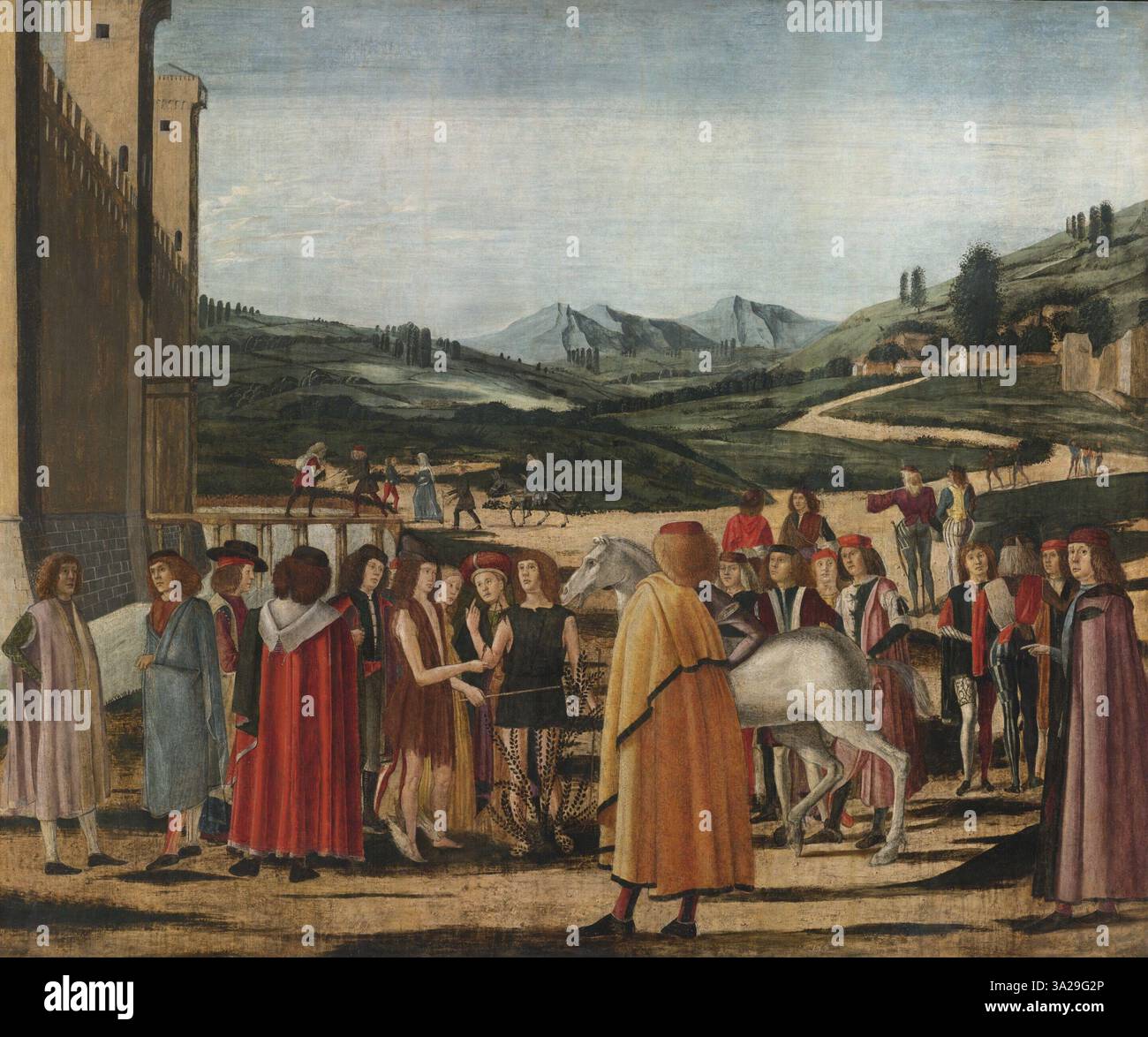 "Disputa tra Poseidone e Atena per la supremazia sull'Attica" illustra la mitologica battaglia per il controllo di Atene, mettendo in mostra temi classici nell'arte rinascimentale. Foto Stock