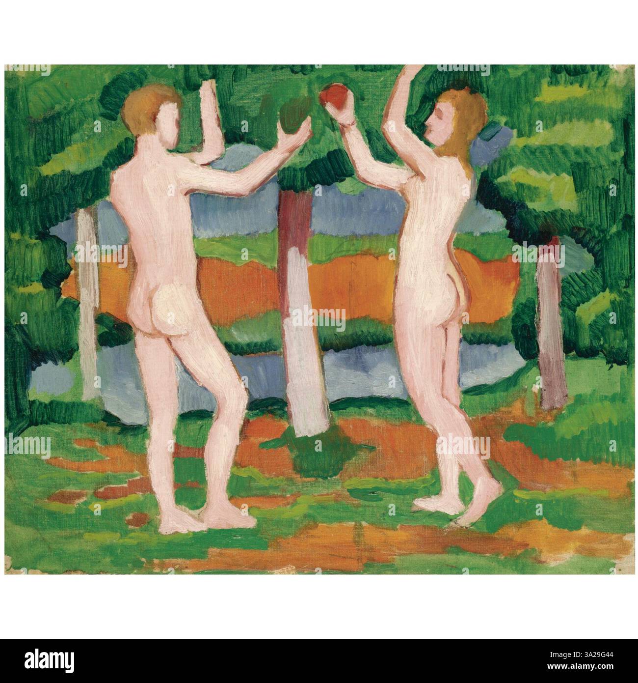Adam und Eva (Adamo ed Eva) di August Macke raffigura la scena biblica del primo uomo e della prima donna. L'opera presenta forme stilizzate e colori vivaci che esprimono la natura simbolica della storia. Foto Stock