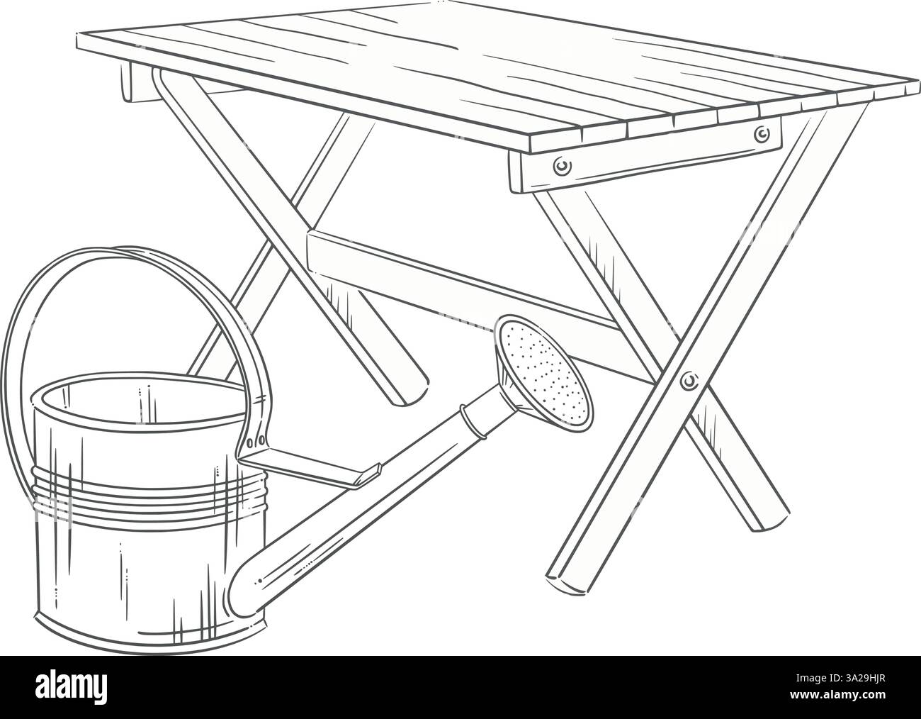 Annaffiatoio in alluminio vicino a un tavolo in legno pieghevole. Pulire l'illustrazione del giardino con la linea vettoriale. Ottimo per giardinaggio primaverile, mobili da esterno e rustico Illustrazione Vettoriale