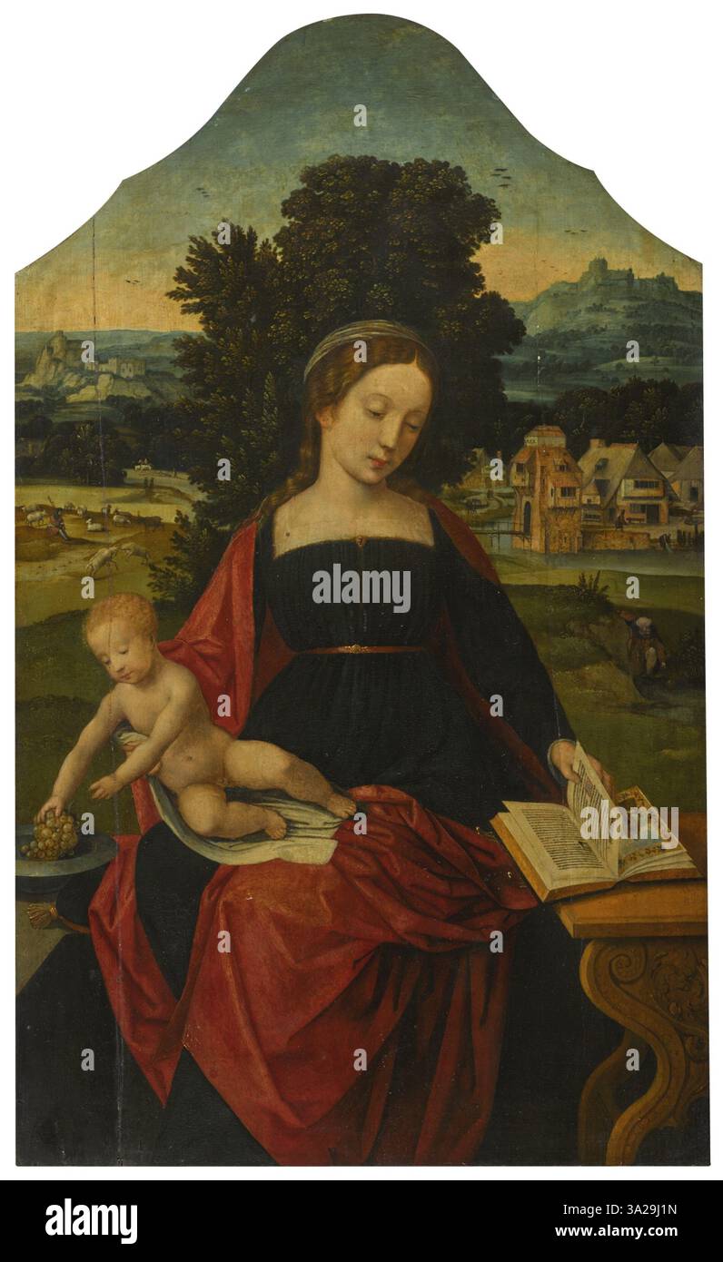 Questo trittico presenta la Vergine con il bambino in un paesaggio, fiancheggiato da donatori maschi e femmine con i loro figli, insieme ai Santi Sebastiano e Gertrude di Nivelles. La scena riflette la devozione e il patrocinio rinascimentale nell'arte religiosa. Foto Stock