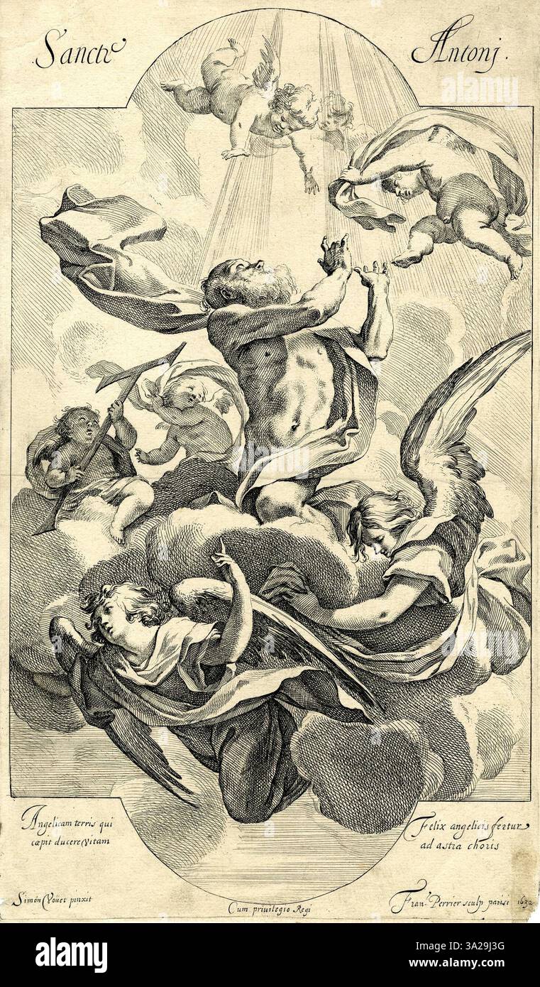 Questa opera rappresenta Sant'Antonio, con simboli tradizionali associati al santo. Il dipinto fa parte del patrimonio artistico di Francesco Perrier. Foto Stock