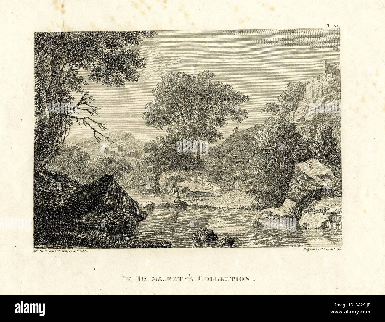 L'incisione del 1878 di Francesco Bartolozzi, influenzata da Nicolas Poussin, presenta una scena religiosa classica con figure dettagliate e un'accurata composizione. Foto Stock