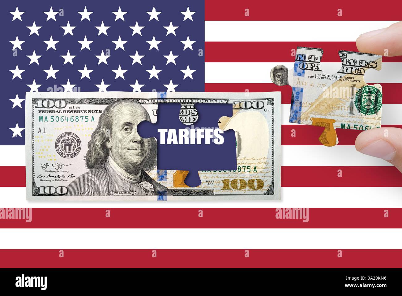 Banconota da 100 dollari USA su una bandiera USA con TARIFFE denominate Foto Stock