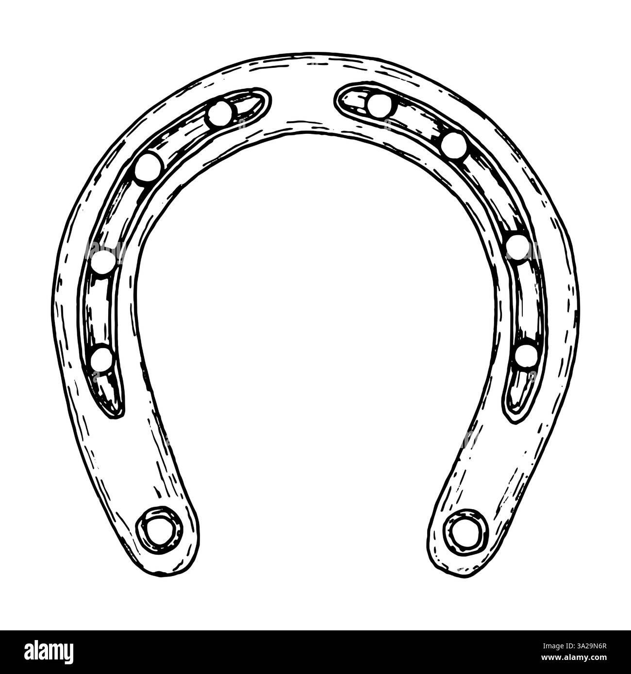 Illustrazione in bianco e nero disegnata a mano di un tradizionale ferro di cavallo, un classico portafortuna. Ideale per i simboli della fortuna, il folklore irlandese, St. Patrick Illustrazione Vettoriale