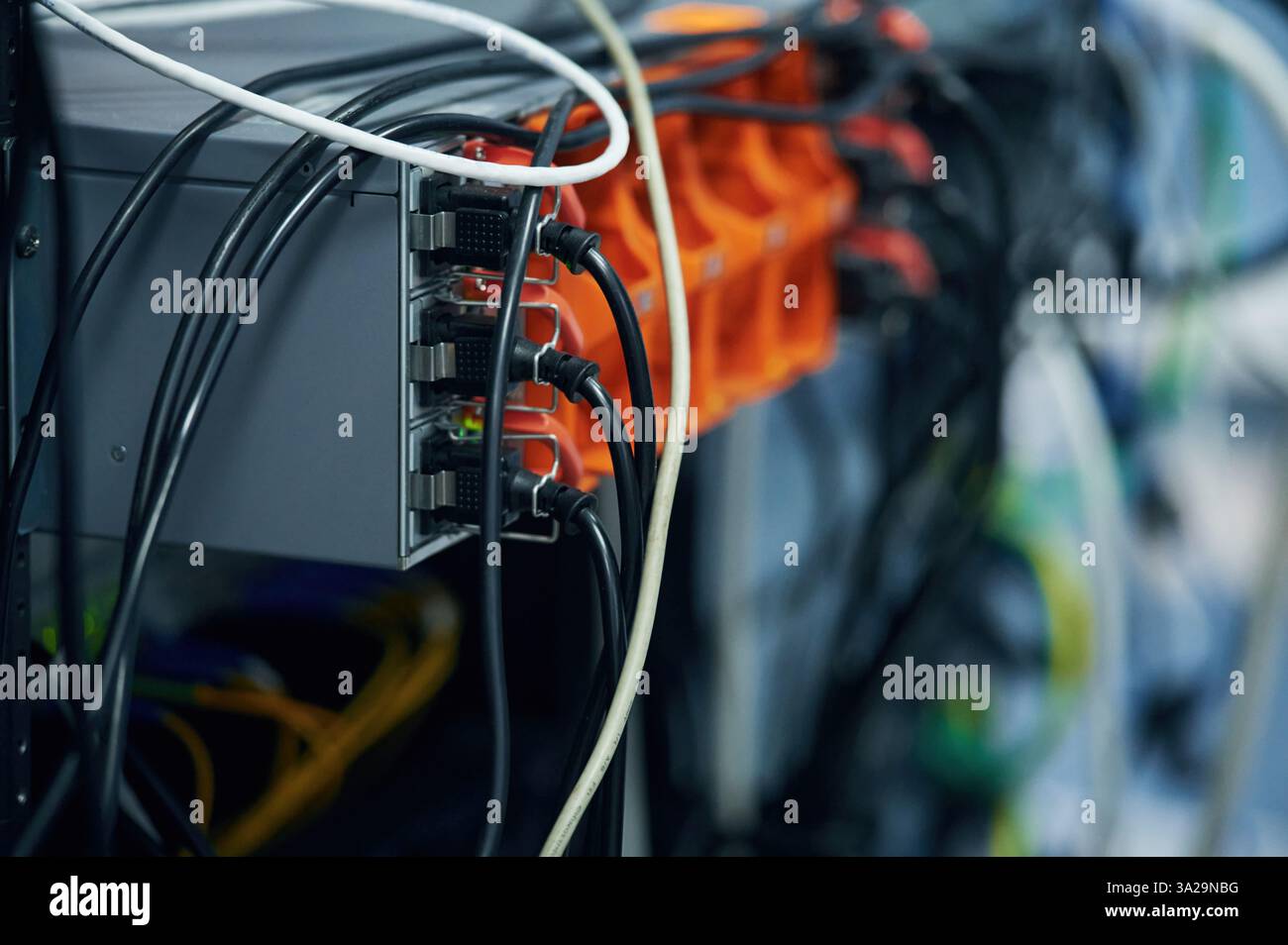 Vista ravvicinata dell'hardware e dei cavi nella sala server. Foto Stock