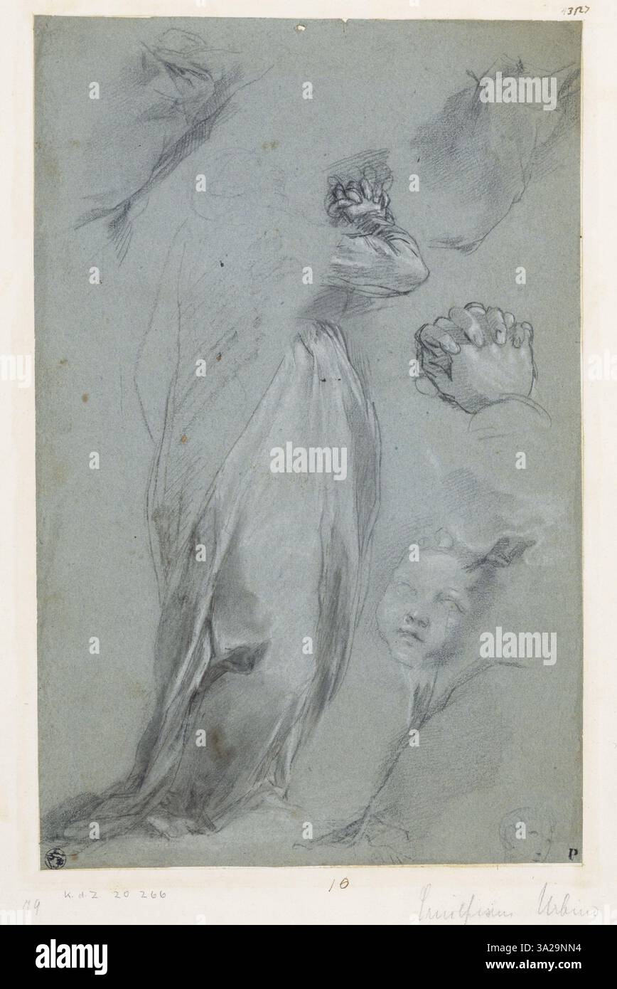 Questo studio mostra la Madonna per la scena della Crocifissione a Urbino, conservata nella Galleria Nazionale delle Marche. Il disegno cattura la postura e l’espressione della figura nel contesto della scena religiosa. Foto Stock