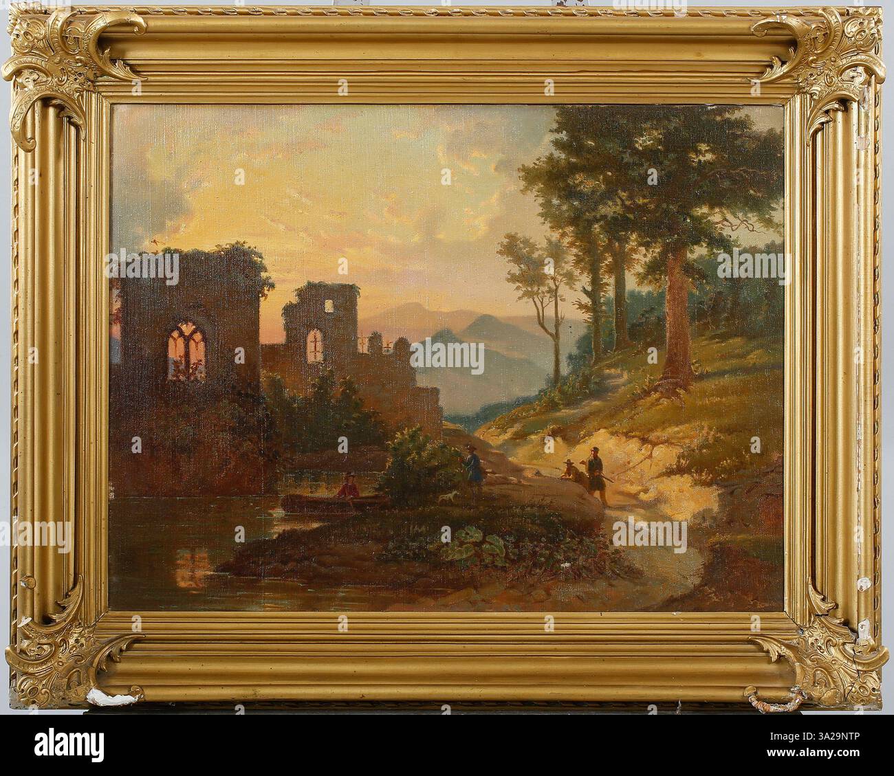 "Ruinlandskap i solnedgång" (paesaggio rovinato al tramonto) di Johan Zacharias Blackstadius presenta un tramonto spettacolare su un paesaggio con architettura in rovina, concentrandosi su luce e ombra. Foto Stock