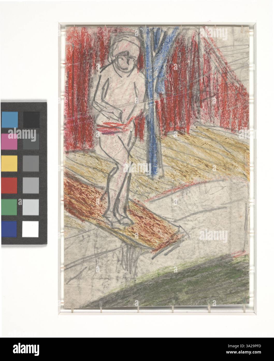 Questo disegno raffigura una figura posizionata su un trampolino, che riflette l'attenzione di Kirchner sulle forme umane in posizioni dinamiche. L'opera mostra il suo uso espressivo di linee e figure all'interno di un ambiente minimalista. Foto Stock