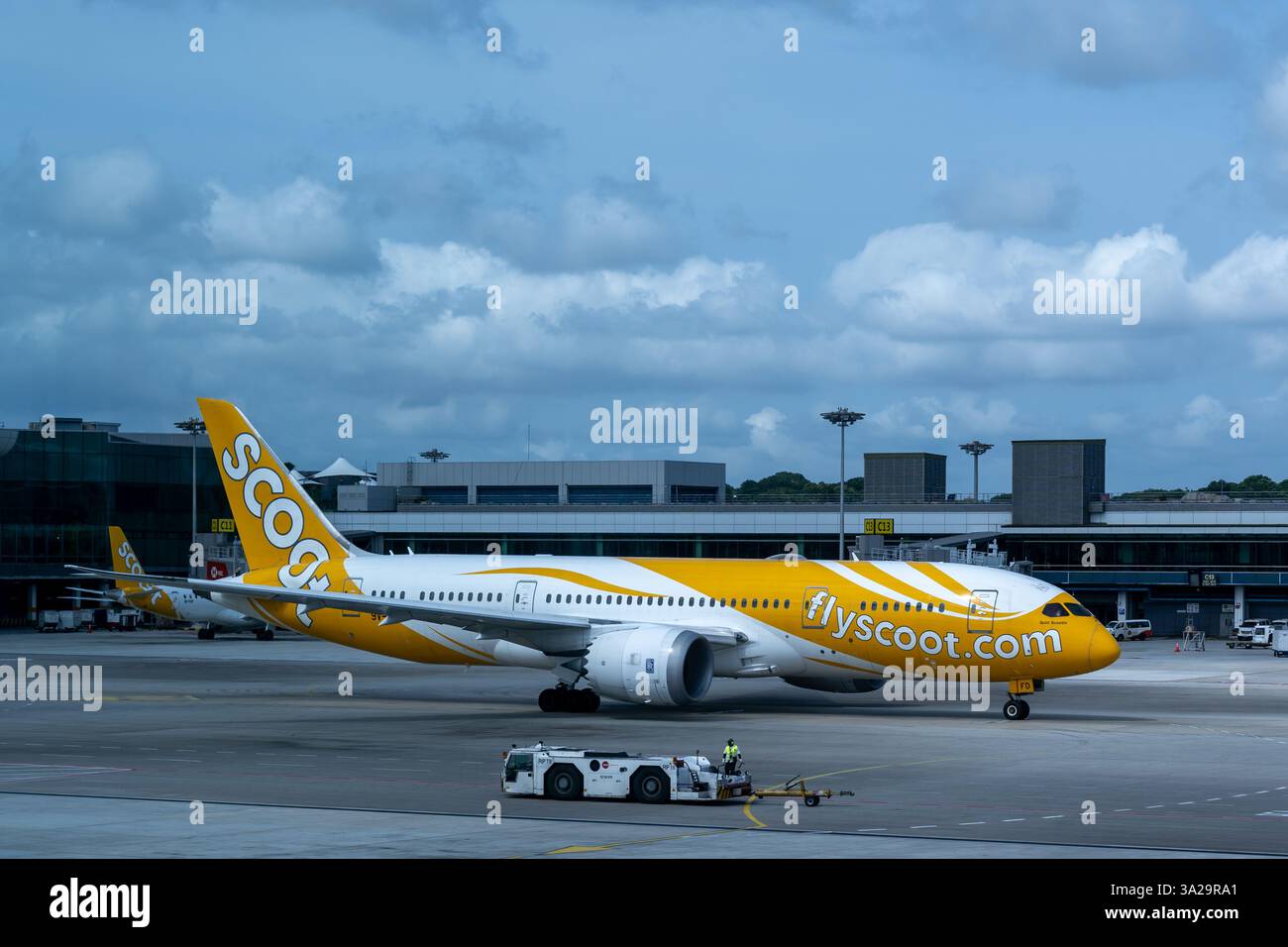 Changi, Singapore - 3 gennaio 2025: Un aereo Scoot Airlines parcheggiato all'aeroporto Changi di Singapore. Foto Stock