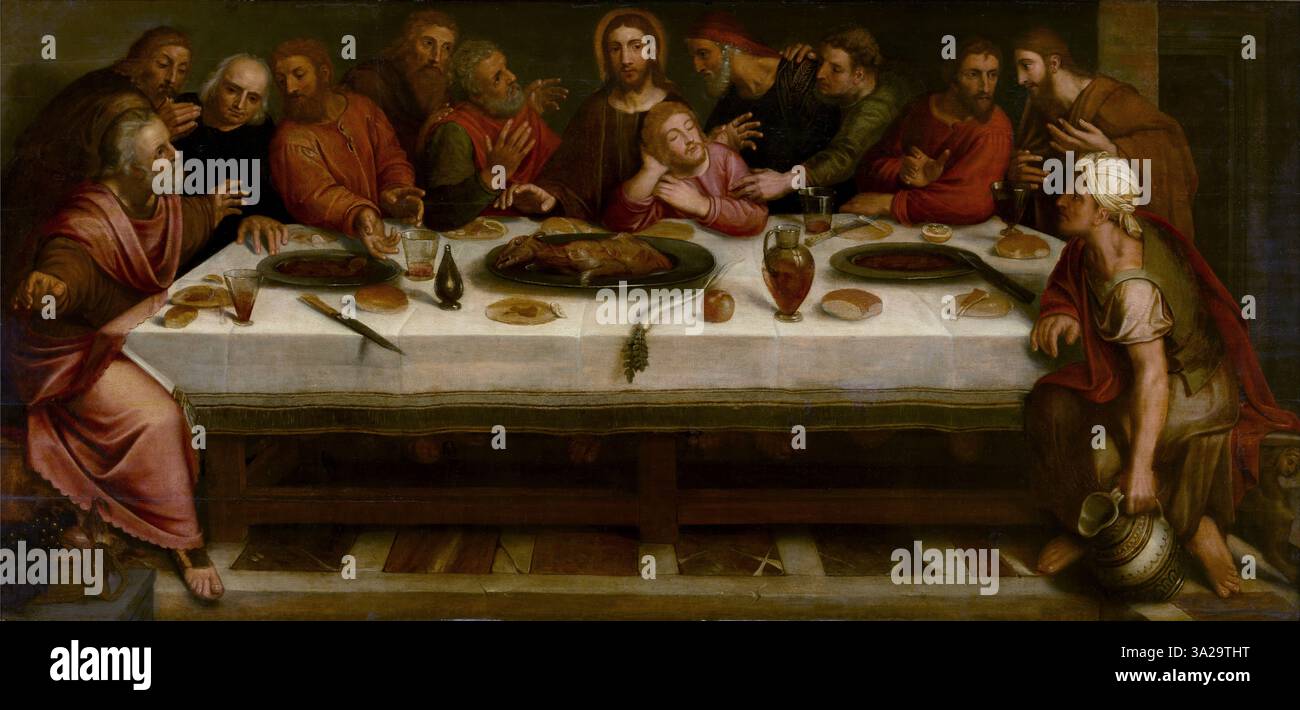 "L'ultima cena" di Willem Key raffigura l'ultimo pasto di Cristo con i suoi discepoli, cogliendo il momento della rivelazione sul prossimo tradimento. La scena sottolinea le reazioni emotive dei discepoli mentre ascoltano le parole di Gesù. Foto Stock