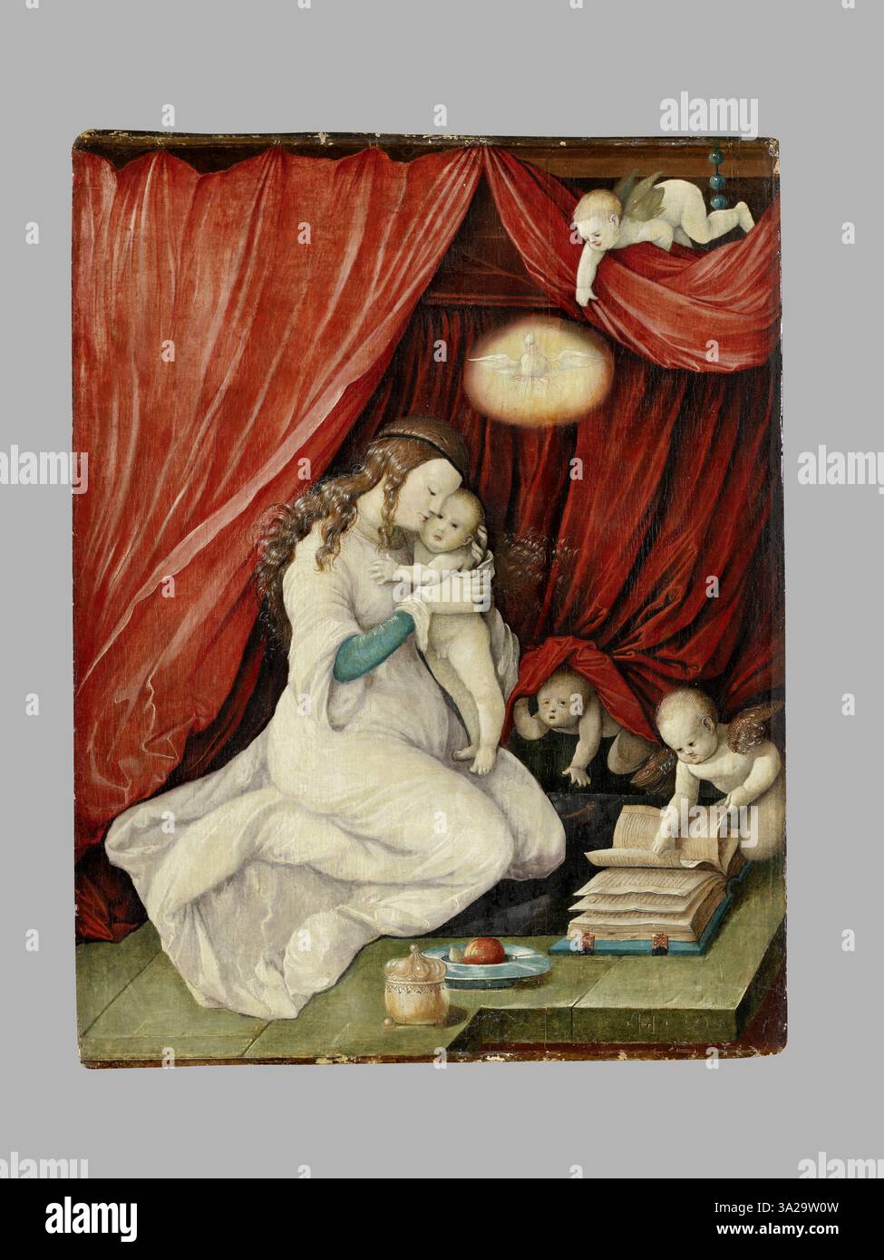 "Maria con il bambino Cristo in una stanza" di Hans Baldung Grien, dipinta nel 1516, raffigura la Vergine Maria che tiene il bambino Gesù in un ambiente intimo e domestico. L'opera fa parte del Germanisches Nationalmuseum e riflette sia gli aspetti sacri che personali della Santa famiglia. Foto Stock