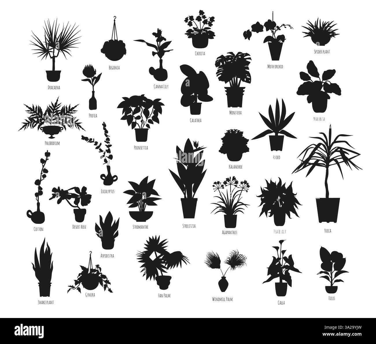 Set di silhouette nere di piante d'appartamento in vaso isolate su sfondo bianco Illustrazione Vettoriale