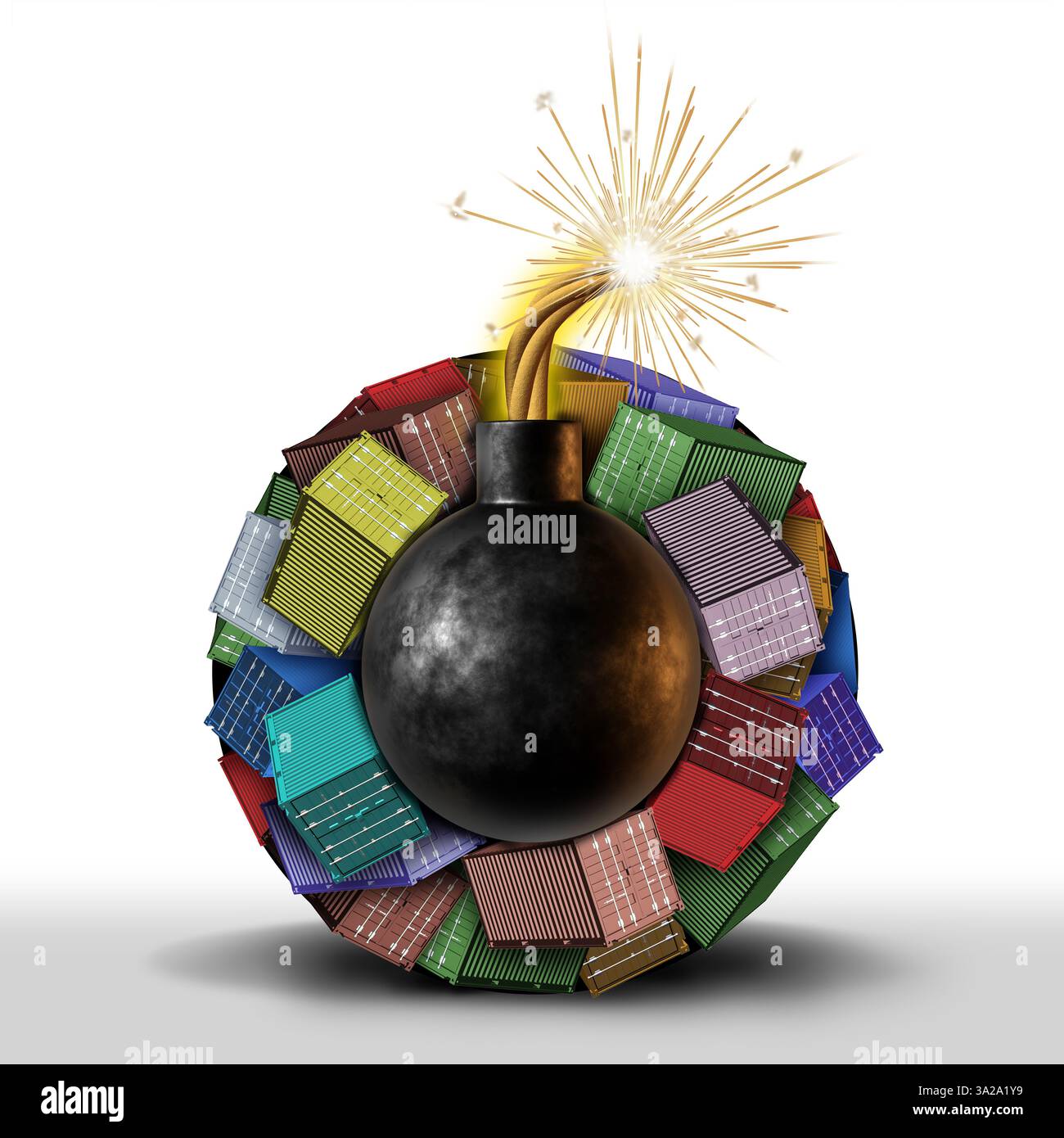 Instabilità economica e finanziaria pericolo di guerra commerciale e di tariffe o rischio globale come una politica tariffaria esplosiva come il trasporto merci in rappresentanza di autobus Foto Stock