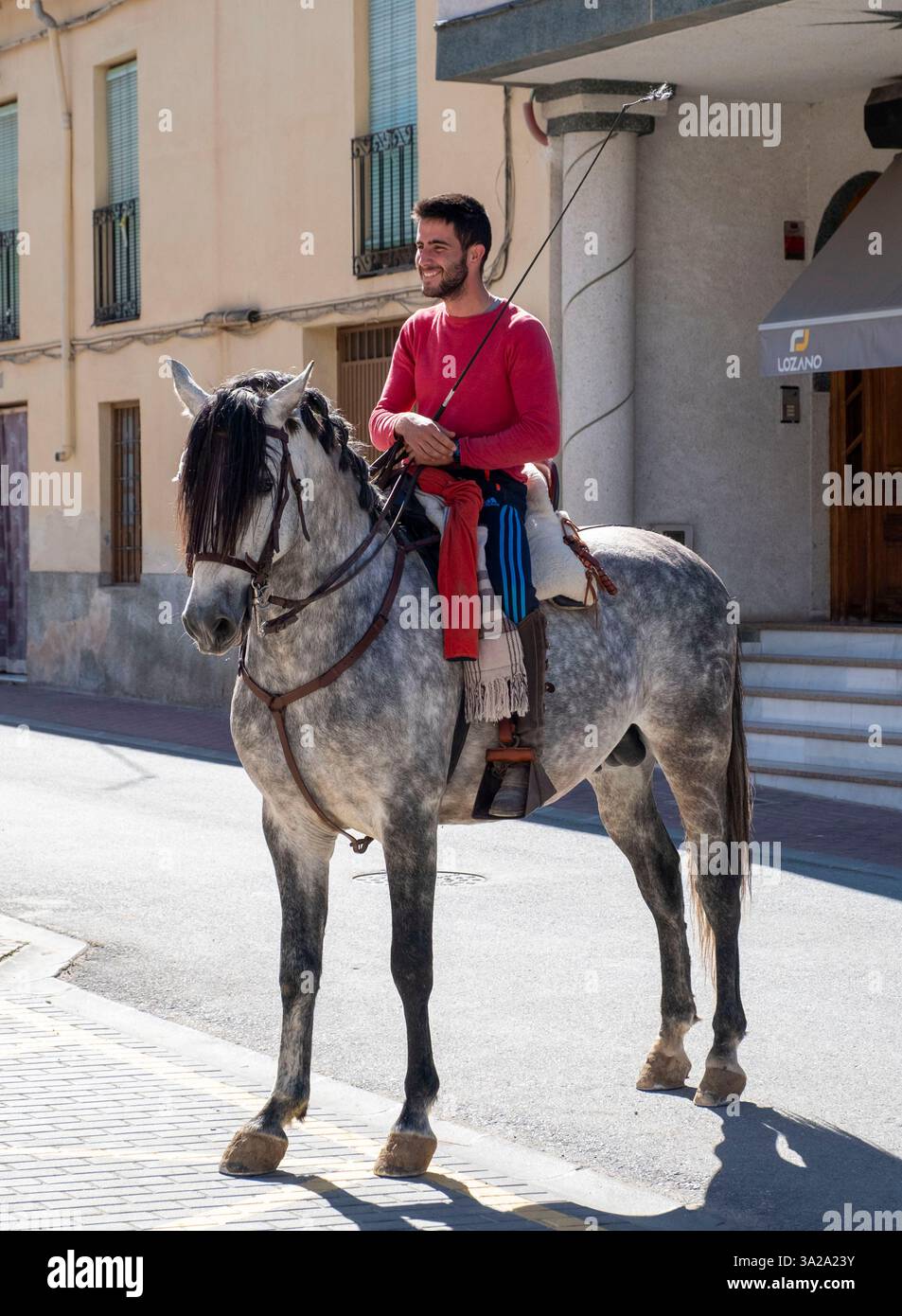 Giovane spagnolo a cavallo di un cavallo grigio nella città di Salar, Andalusia, Spagna Foto Stock