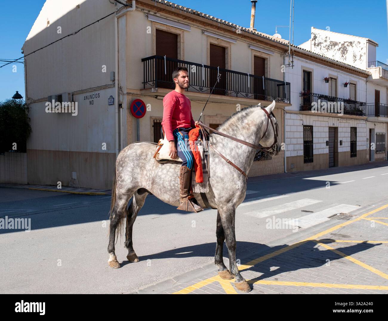 Giovane spagnolo a cavallo di un cavallo grigio nella città di Salar, Andalusia, Spagna Foto Stock