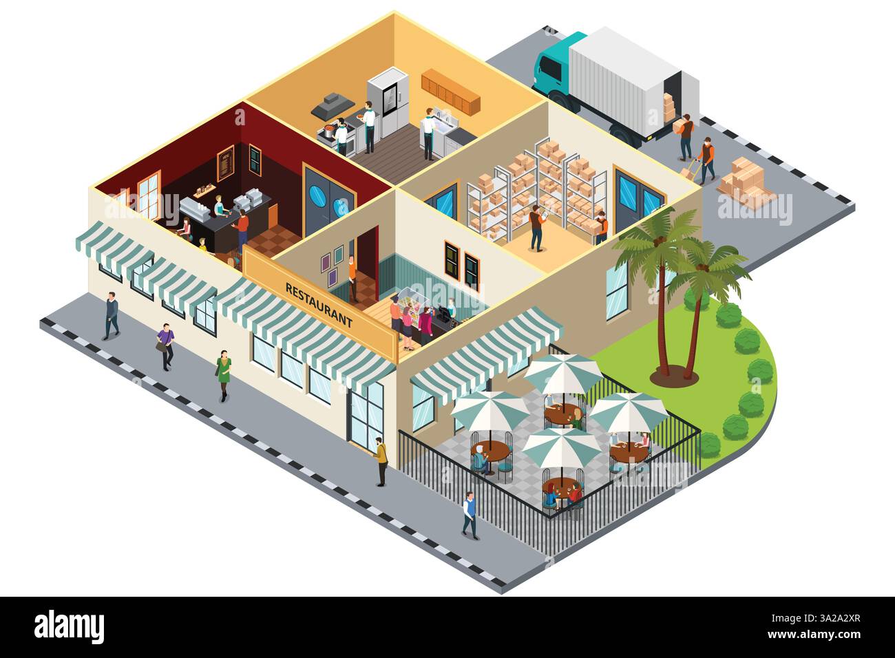 Un'illustrazione vettoriale dell'isometrico degli interni del ristorante Illustrazione Vettoriale