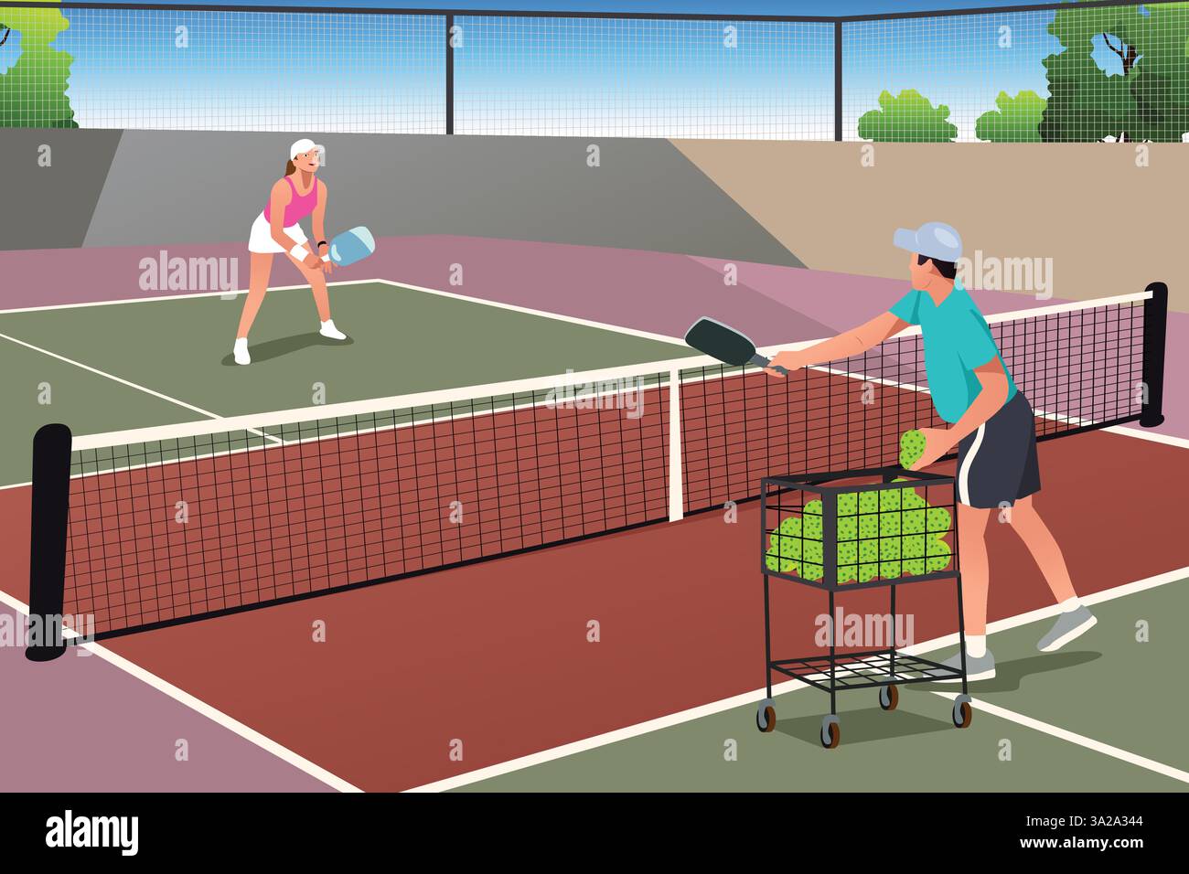 Immagine vettoriale del giocatore di Pickleball che prende una lezione da un allenatore Illustrazione Vettoriale