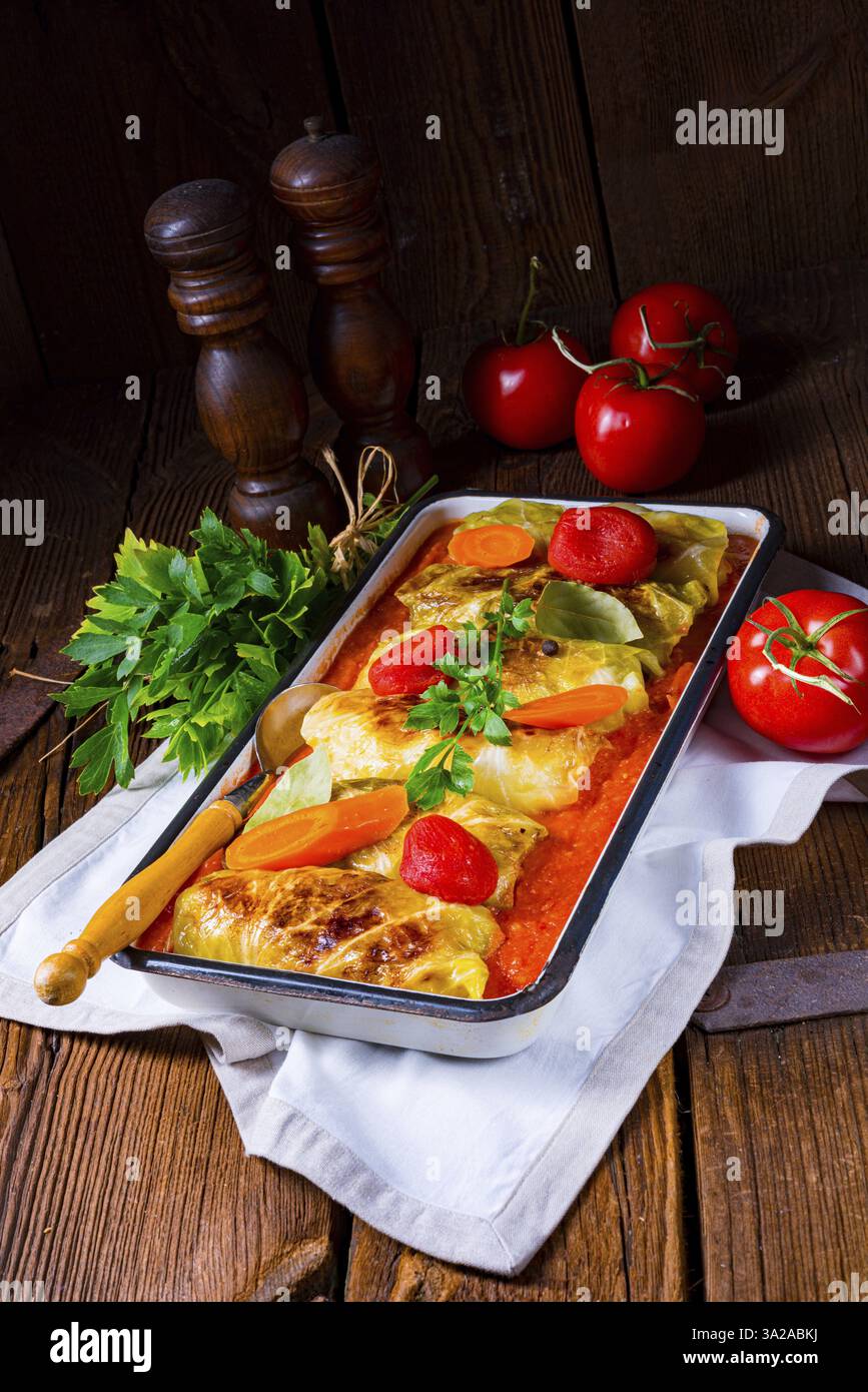 Involtini di cavolo con salsa di pomodoro Foto Stock