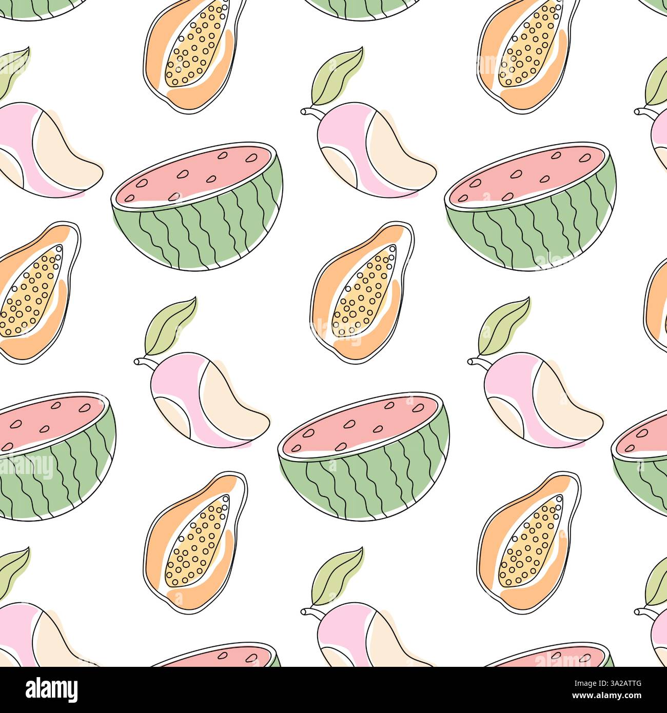 Colorato motivo di frutta con anguria e papaya su sfondo bianco Illustrazione Vettoriale