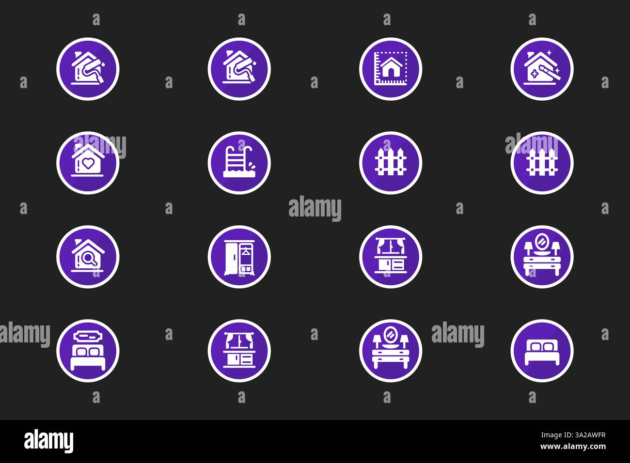 Set di icone circolari viola di immobili che rappresentano acquisto di abitazioni, affitti, gestione di proprietà e progettazione di interni in stile vettoriale Illustrazione Vettoriale