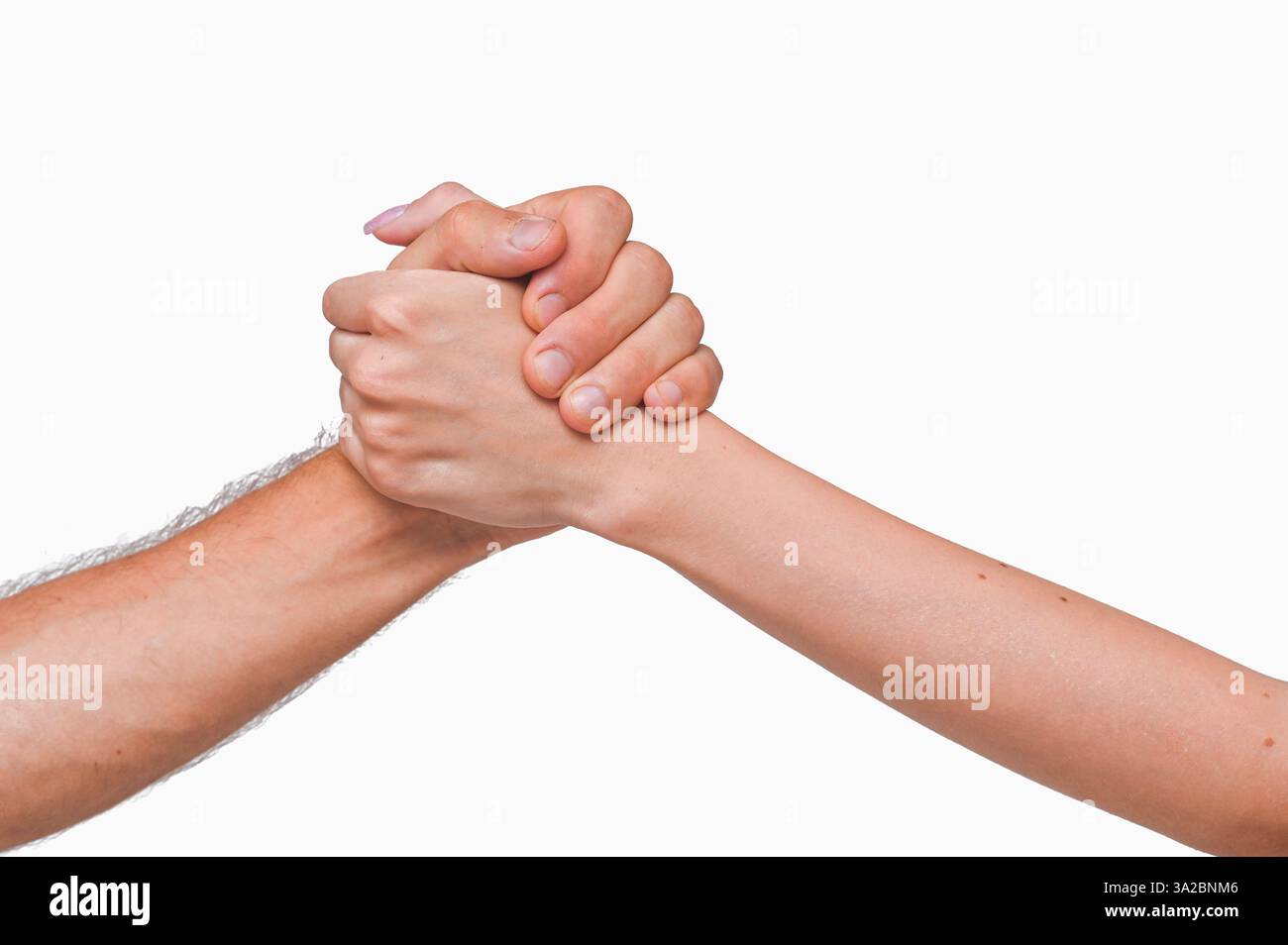 mani maschili e femminili. gesto di conflitto o solidarietà, sfondo bianco. concetto Foto Stock