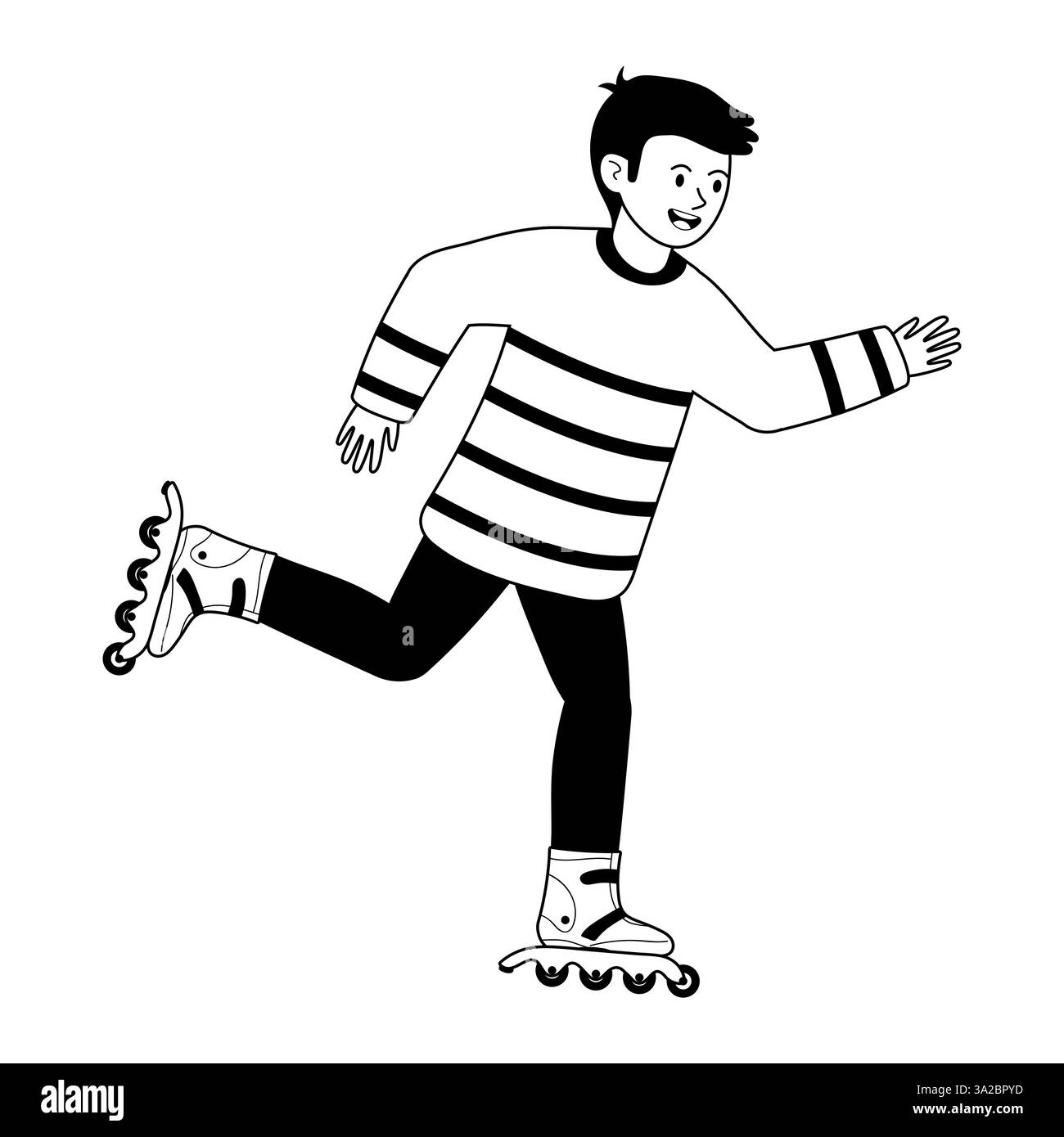 Giovane che pratica pattinaggio a rotelle con un'espressione gioiosa in un outfit casual Illustrazione Vettoriale