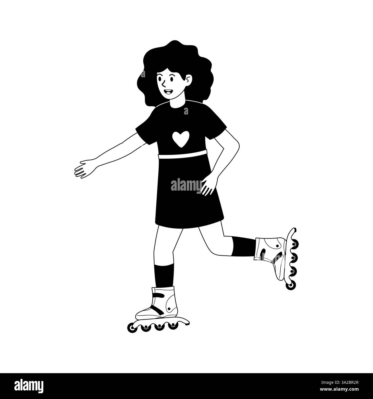 Pattinaggio a rotelle in un parco con una camicia a tema cuore e un divertente abito nero Illustrazione Vettoriale