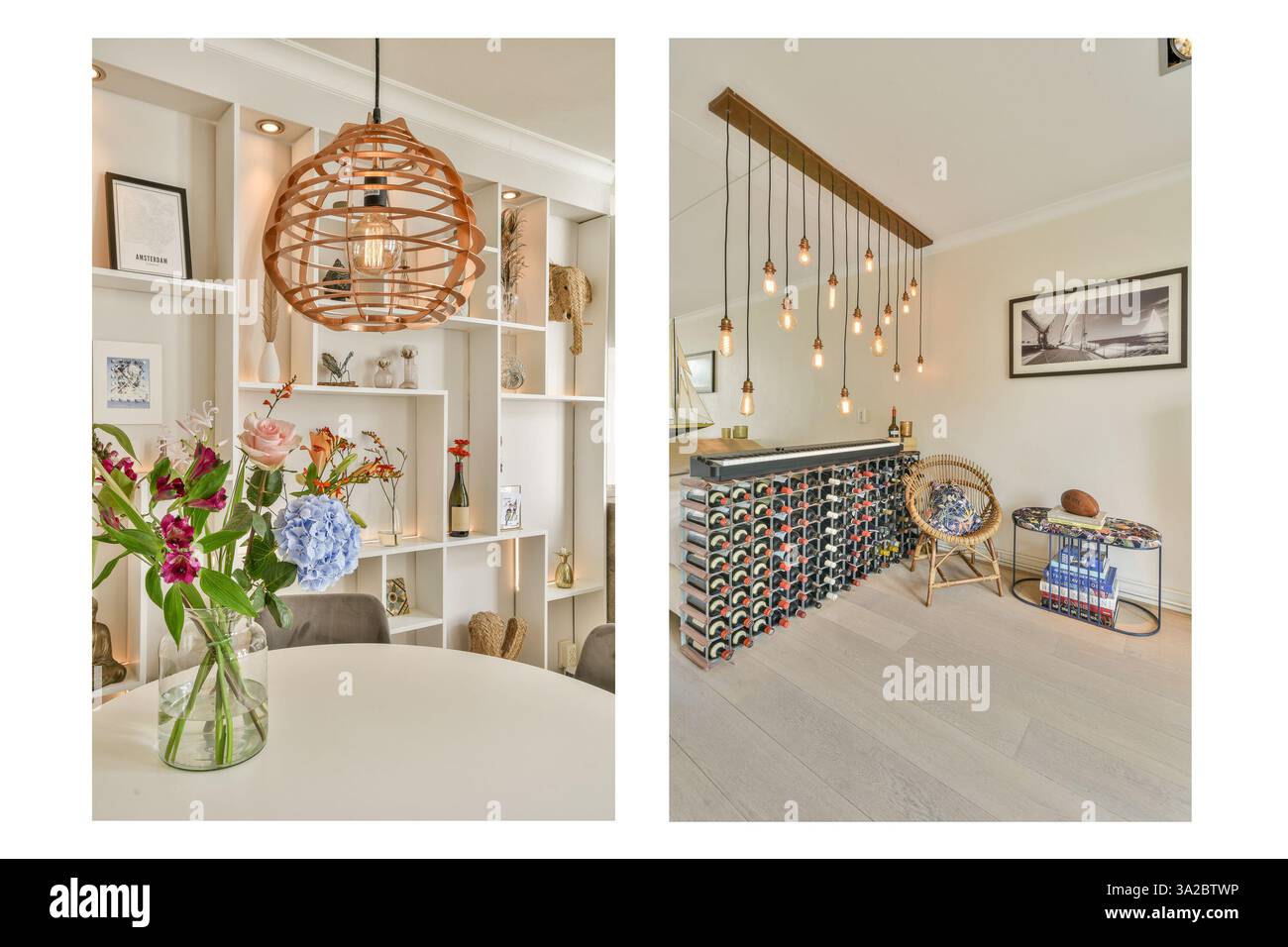 Interni moderni splendidamente progettati con eleganti sistemi di illuminazione, una libreria decorativa e un ambiente invitante che mette in mostra l'eleganza contemporanea. Foto Stock