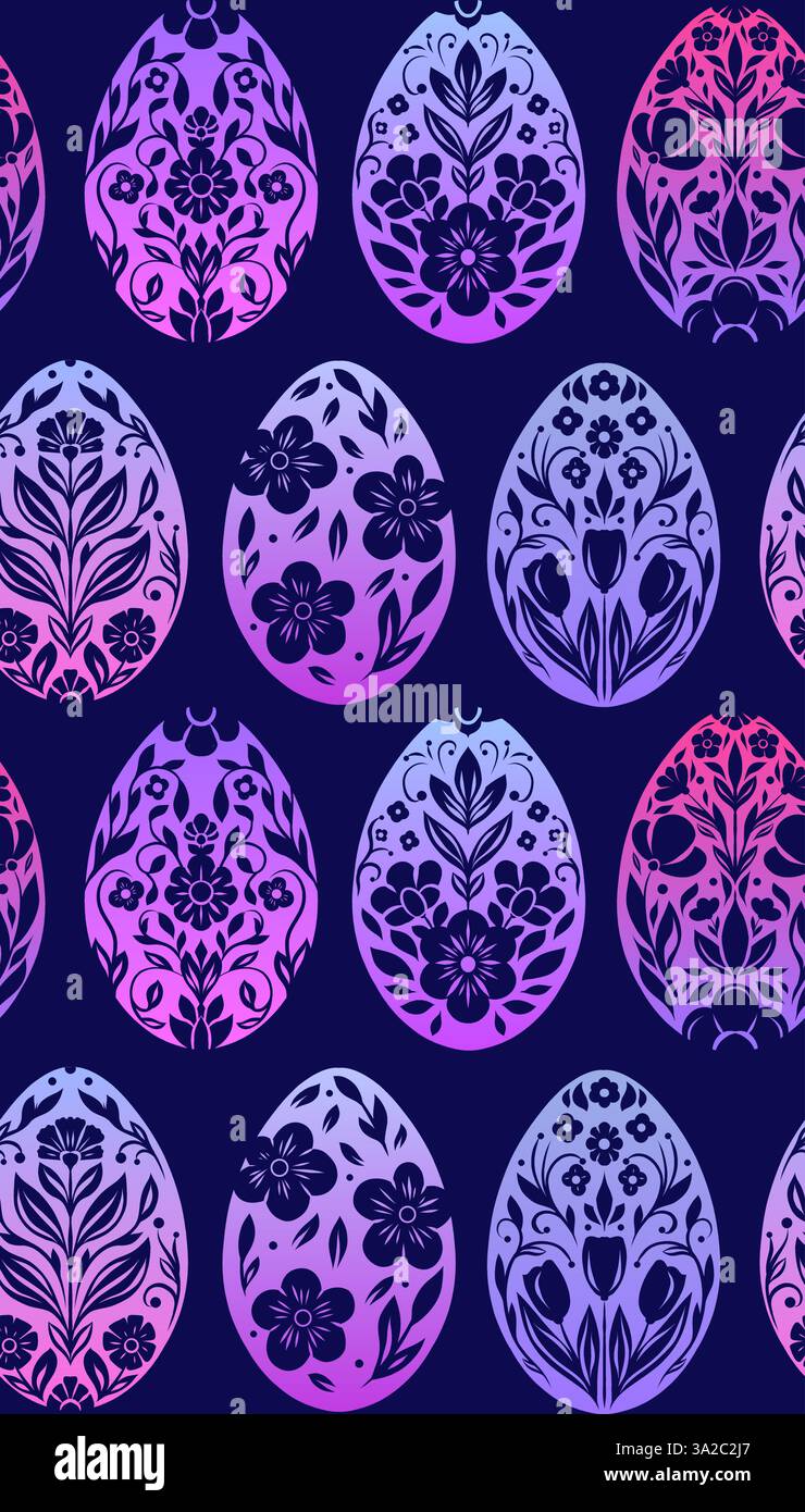 Motivo vettoriale al neon senza cuciture con uovo di Pasqua sfumato in stile folk art su sfondo viola. Consistenza con uova natalizie decorative a tracolla. Primavera Illustrazione Vettoriale