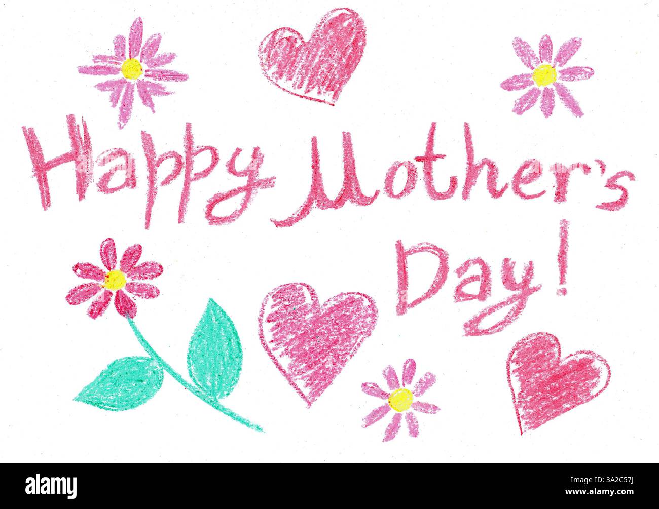 Biglietto per la festa della mamma. Disegno per bambini con matite colorate. Parole buona festa della mamma. Disegni di fiori e cuori in giro. Diverse tonalità di rosso, Foto Stock