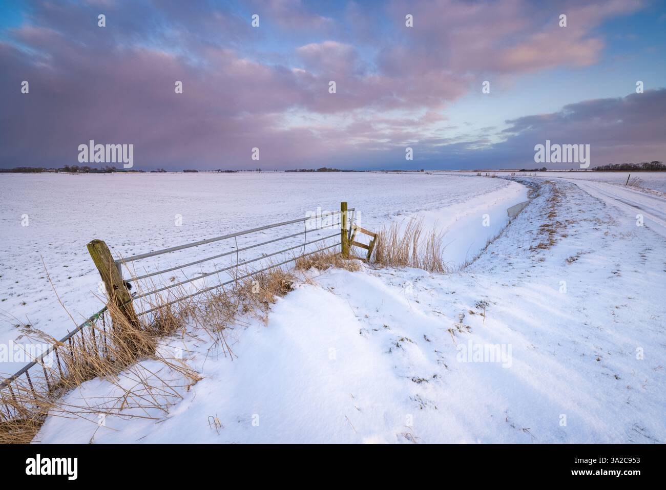 Un paesaggio invernale di campagna con neve al tramonto con splendidi colori nel cielo a Groninga, nei Paesi Bassi - un paesaggio freddo e ghiacciato Foto Stock Un paesaggio invernale di campagna con neve al tramonto con splendidi colori nel cielo a Groninga, nei Paesi Bassi - un paesaggio freddo e ghiacciato Foto Stock